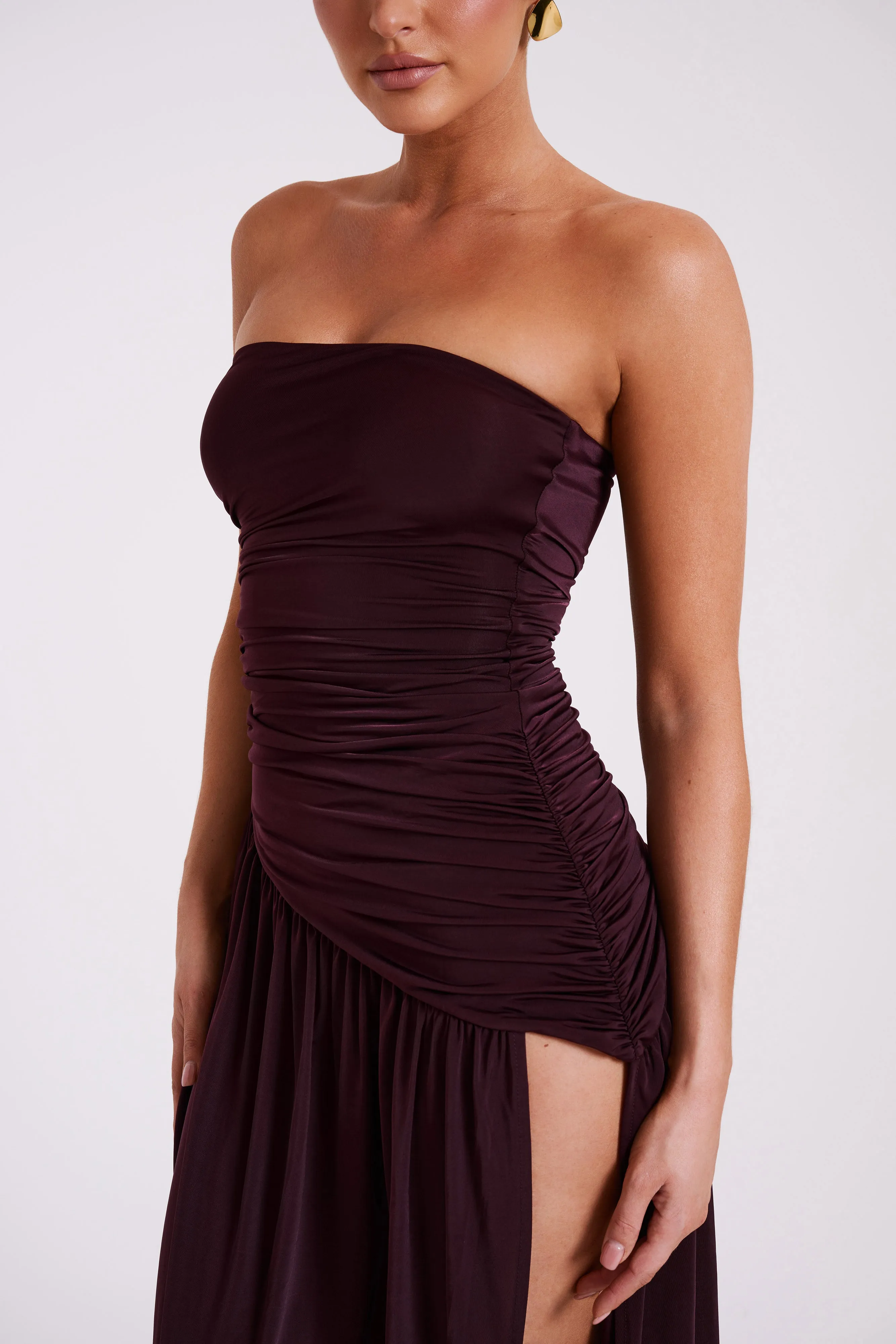 Feminine Cut Knot-Detail Bex Strapless Slinky Maxi Dress With Split - Burgundy