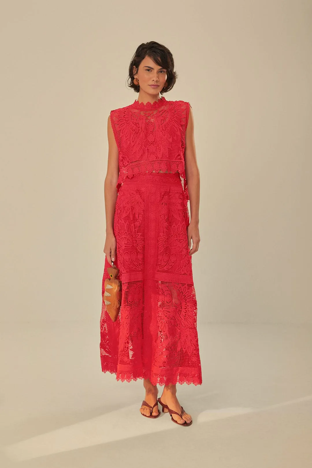 Red Toucan Guipure Sleeveless Top Recycled Polyester Vintage Soul