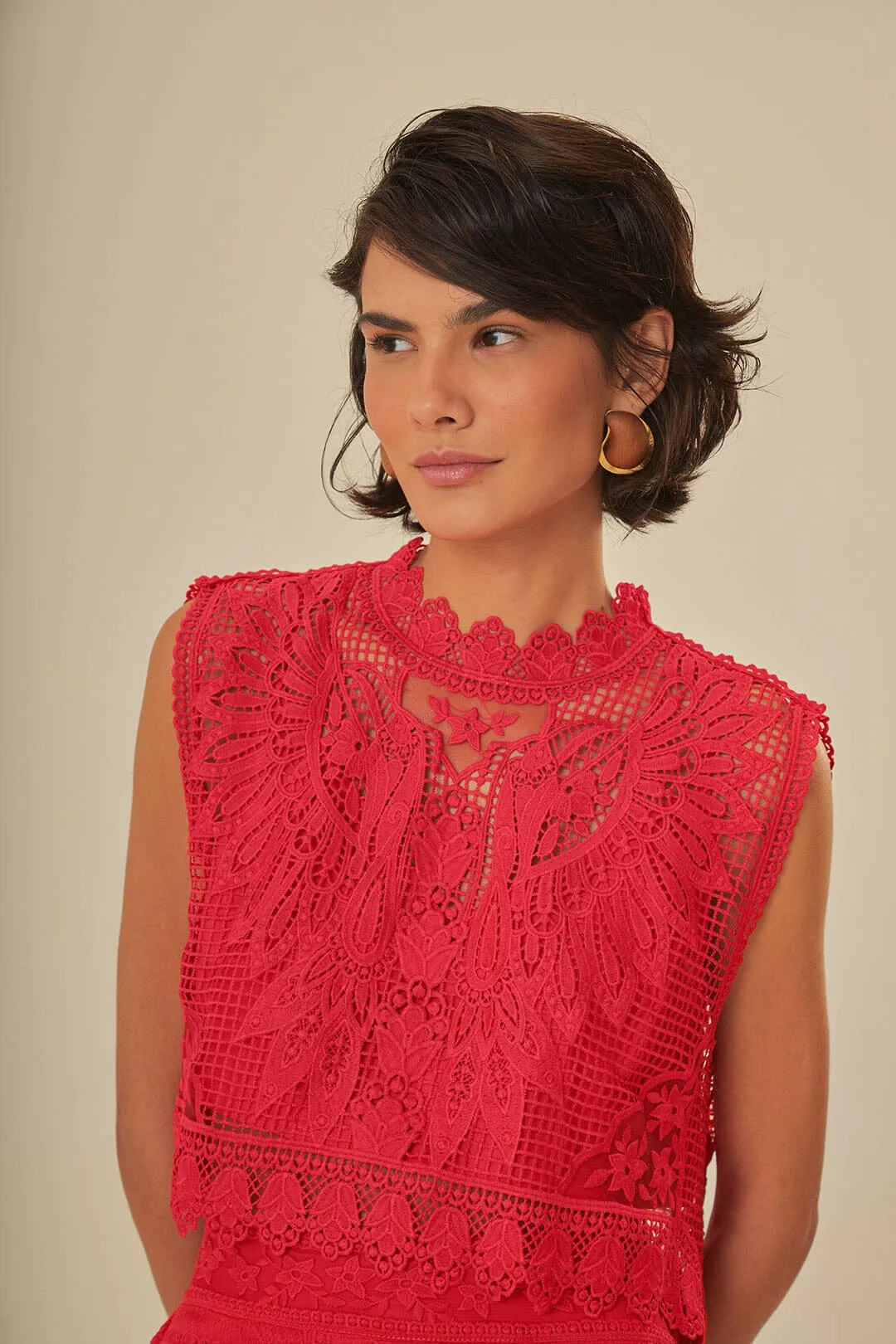 Metal Core BiasCut Trims Red Toucan Guipure Sleeveless Top