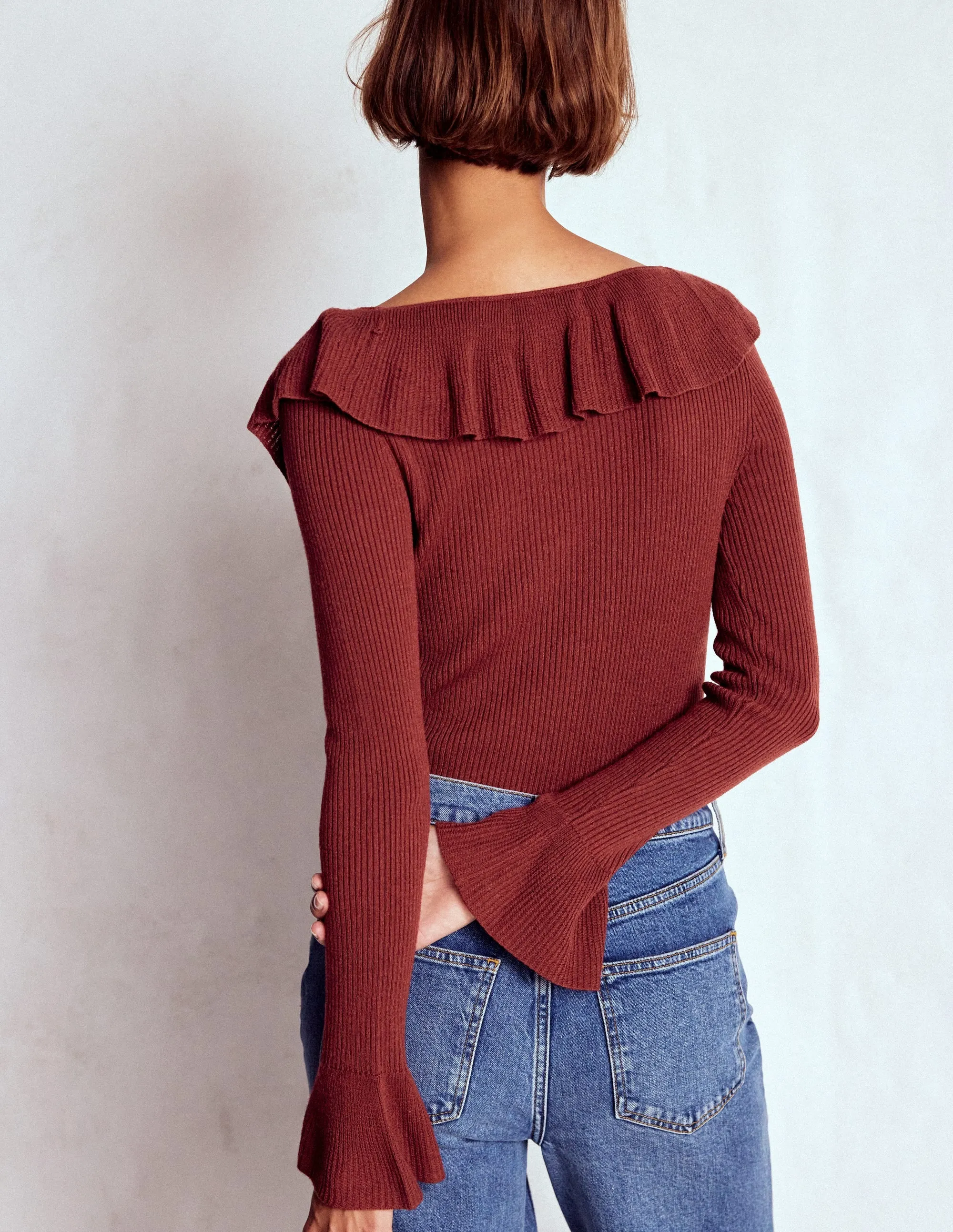 City Comforted Lived In Ruffled Rib Henley Jumper-Chestnut