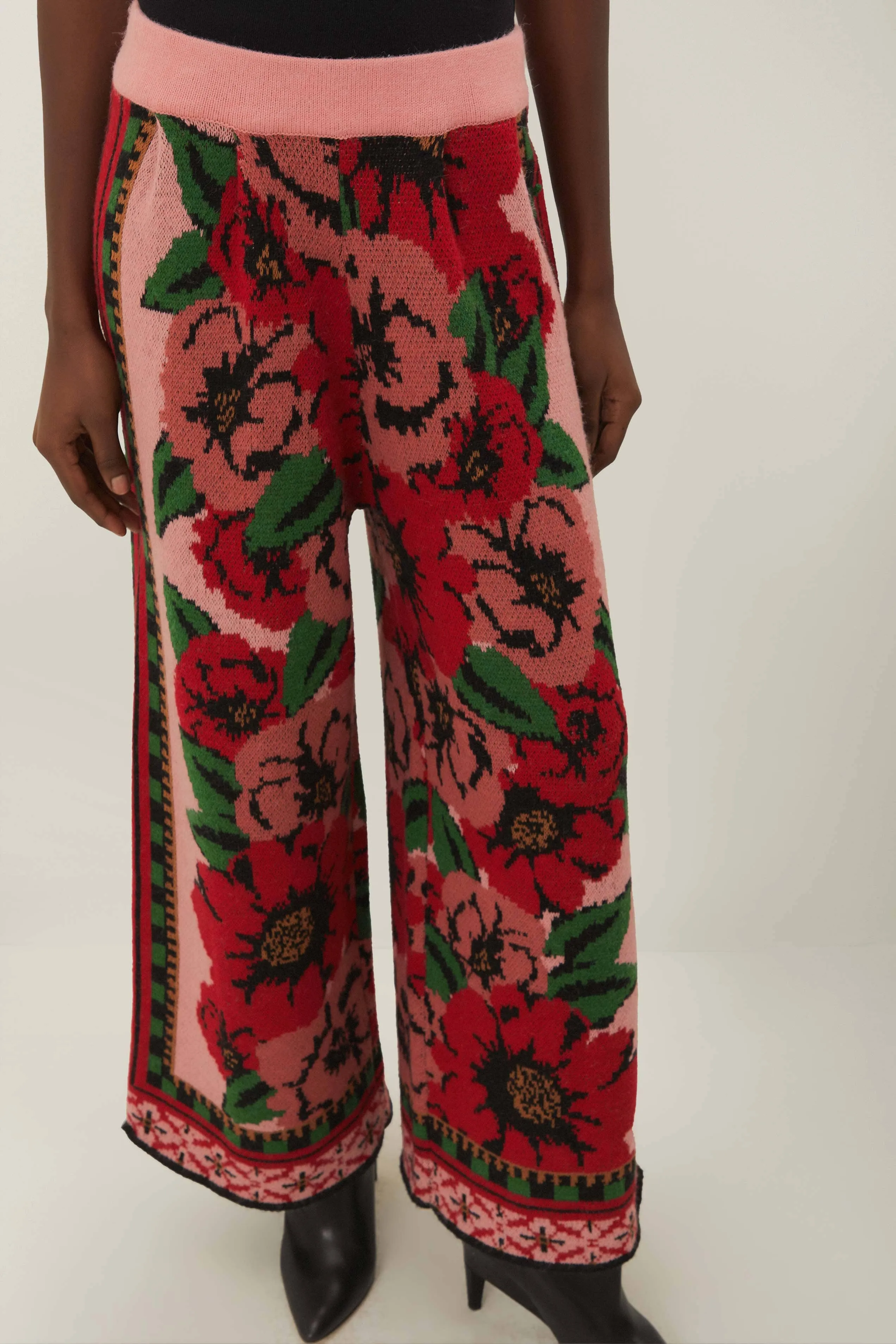 Pink Flower Tapestry Knit Pants Soft and Cozy QuickReleaseFastenings