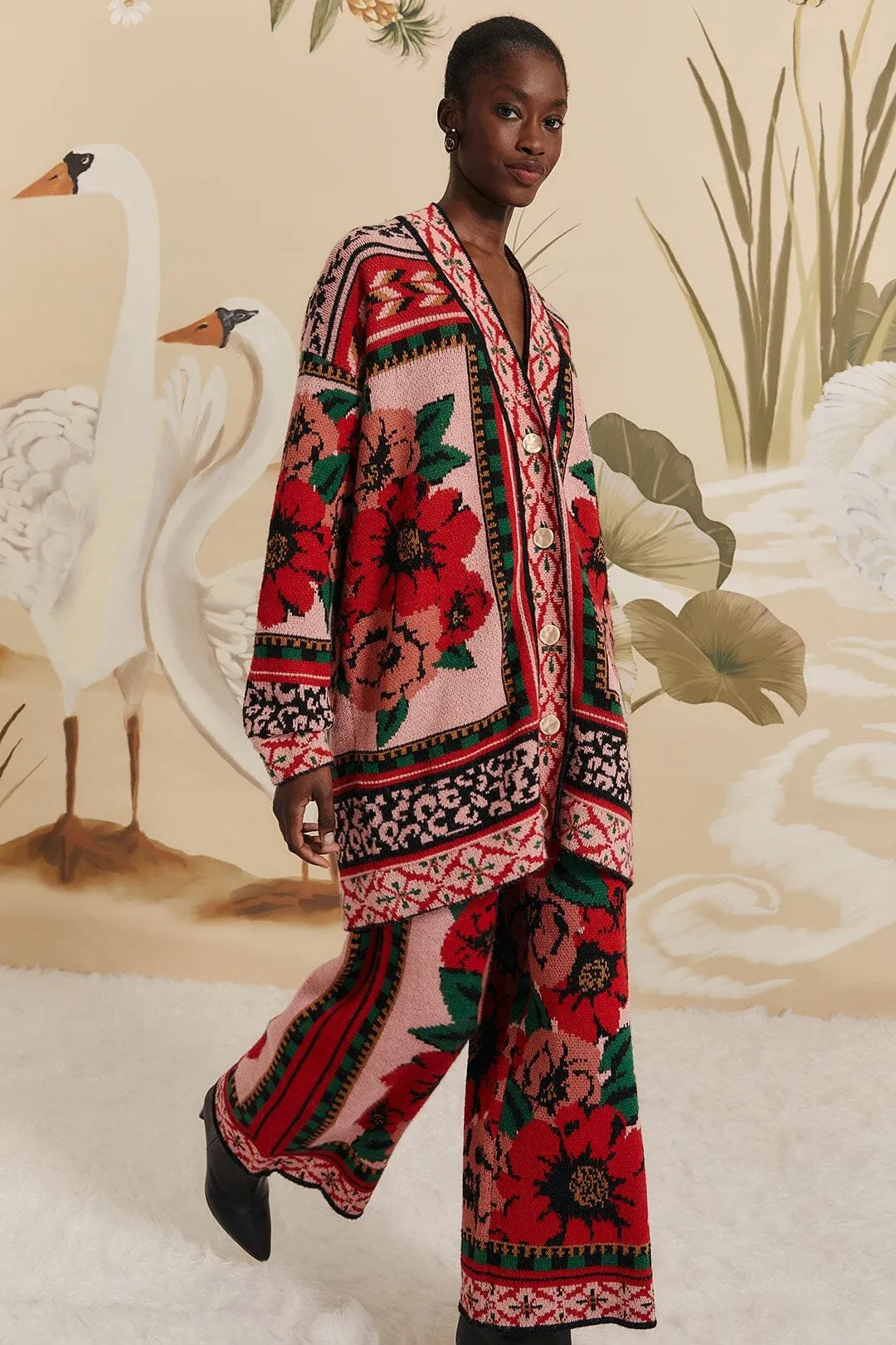 Pink Flower Tapestry Knit Pants Hidden Zip Pockets high waisted