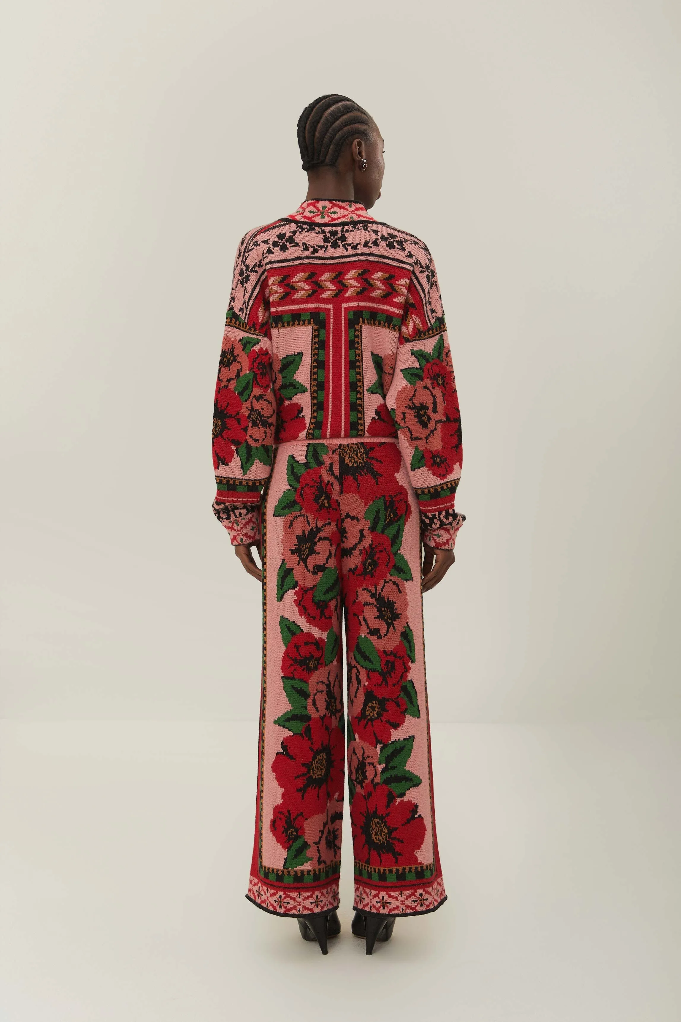 Pink Flower Tapestry Knit Pants Relaxed Comfort Wear Cozy Comfort