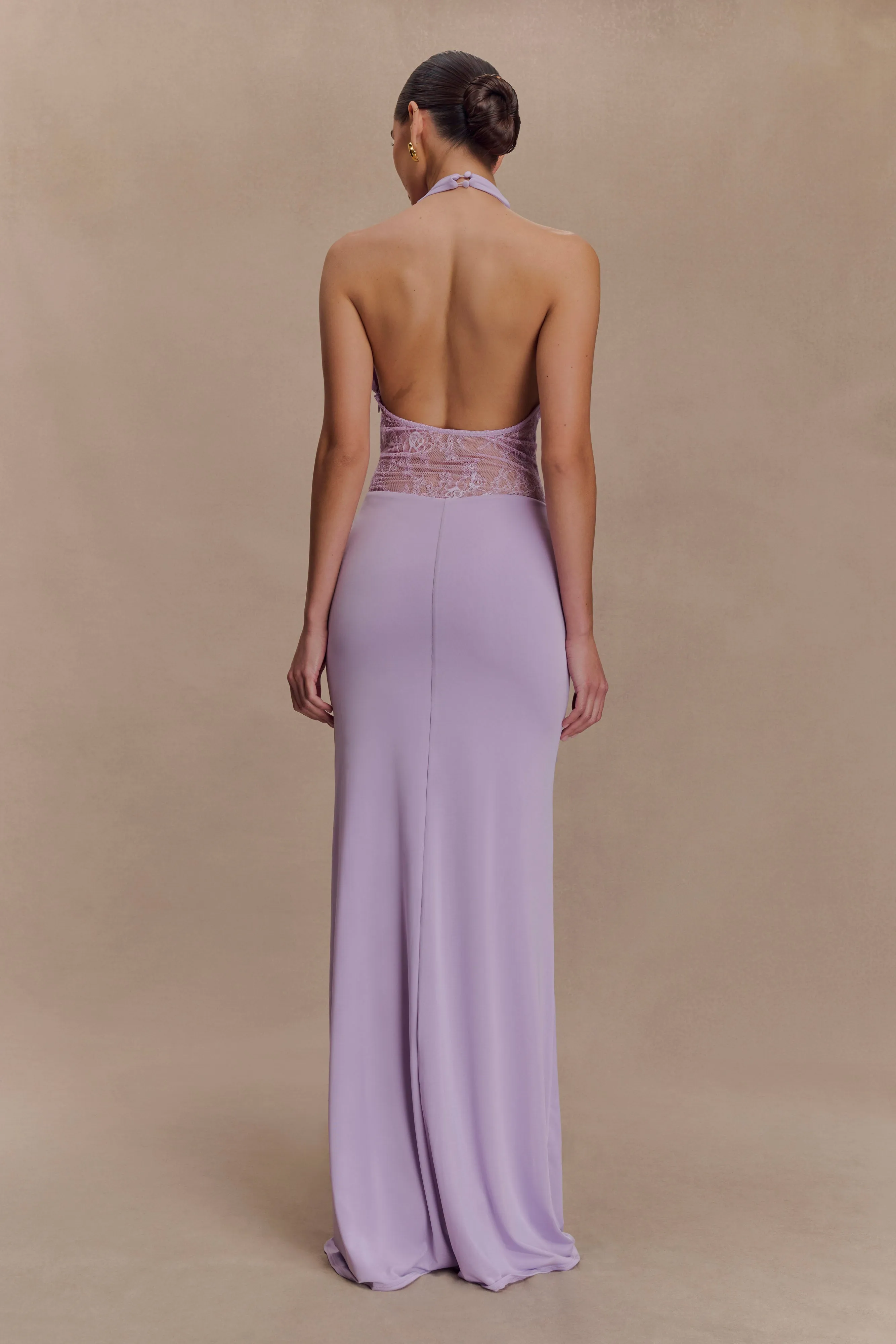 Bonnie Slinky And Lace Maxi Dress - Lilac Soft Neutral Sharp Profile