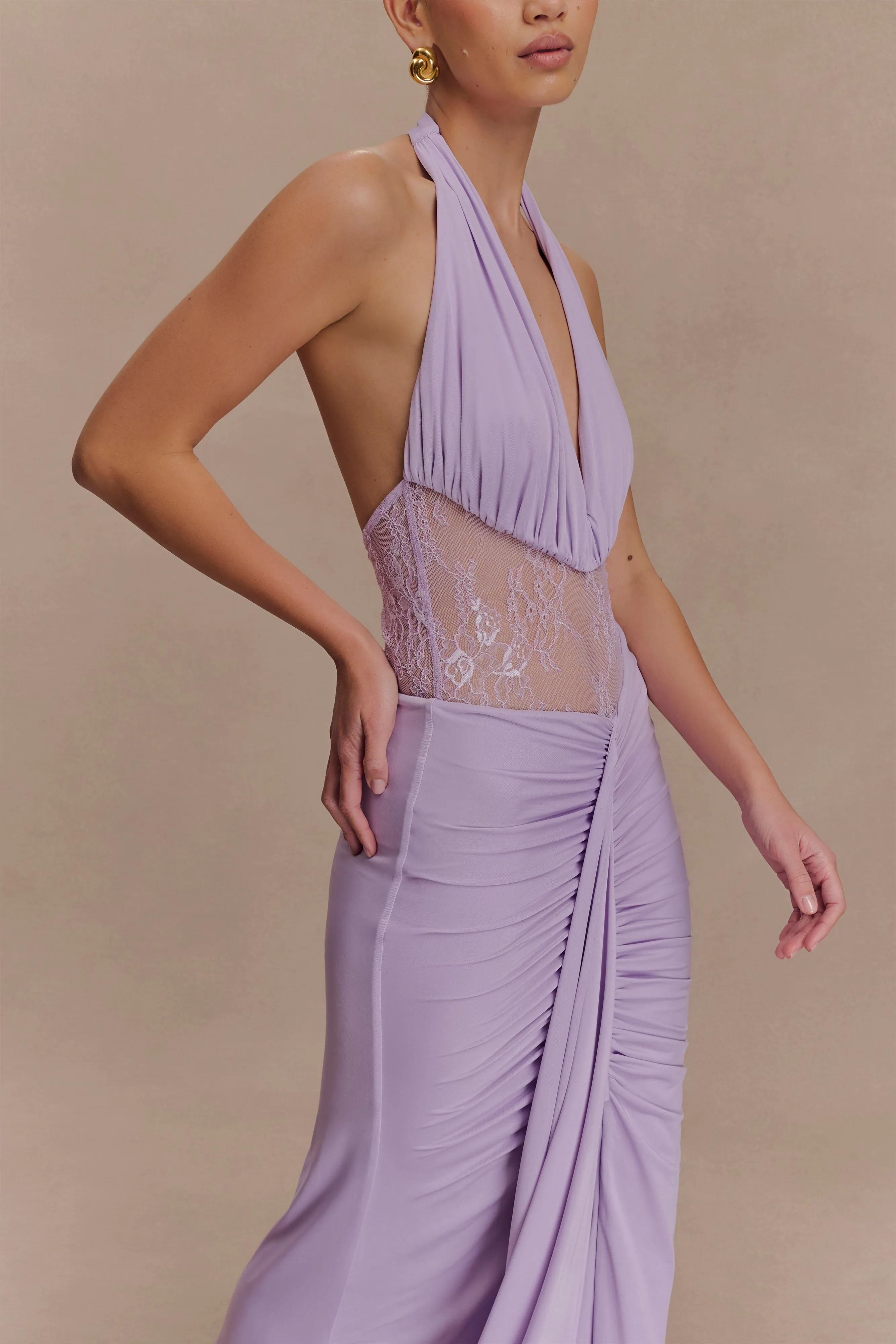 Minimal Design Subtle Glow Bonnie Slinky And Lace Maxi Dress - Lilac