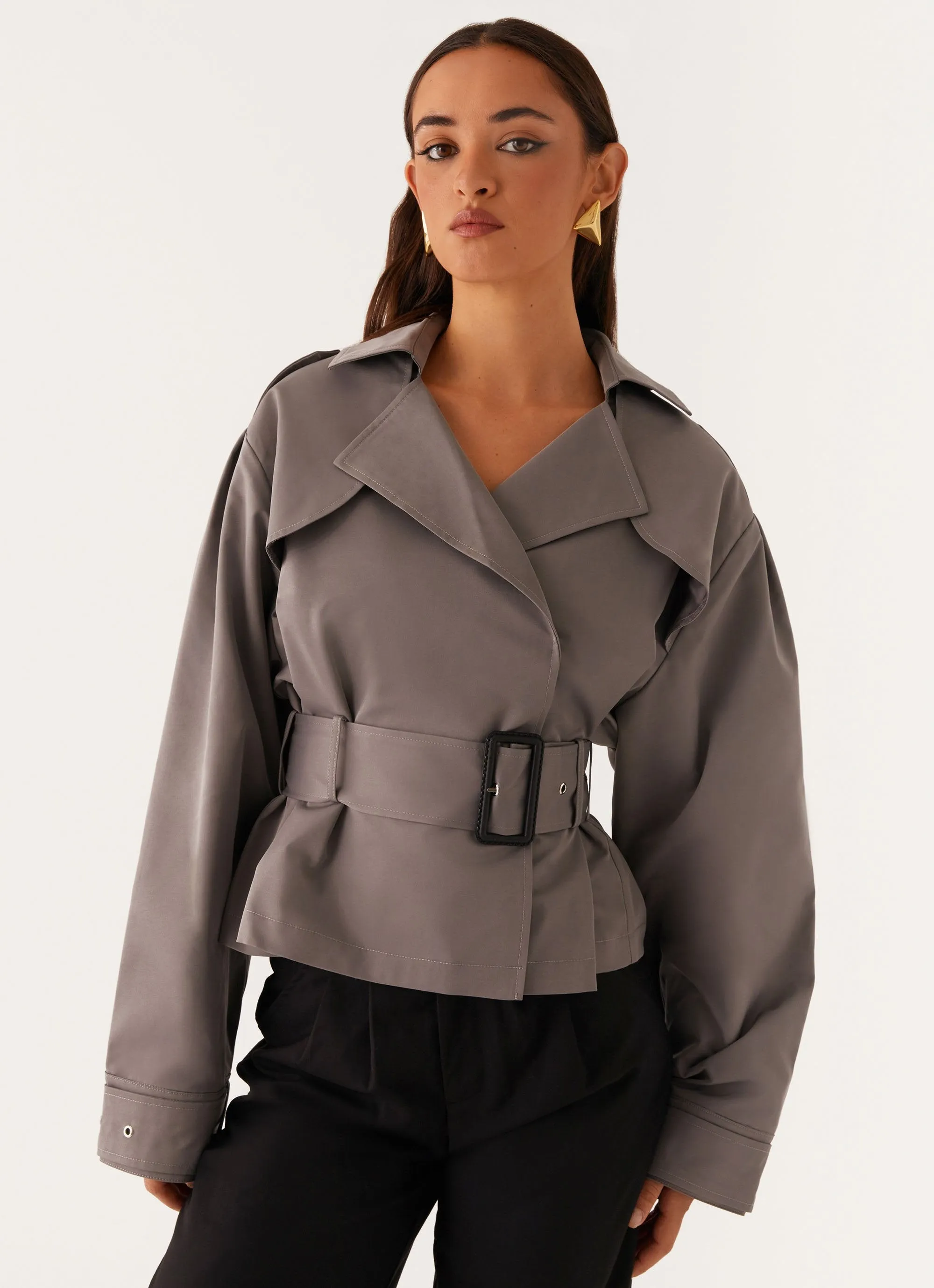 Boston Cropped Trench Coat - Charcoal Light Reflective