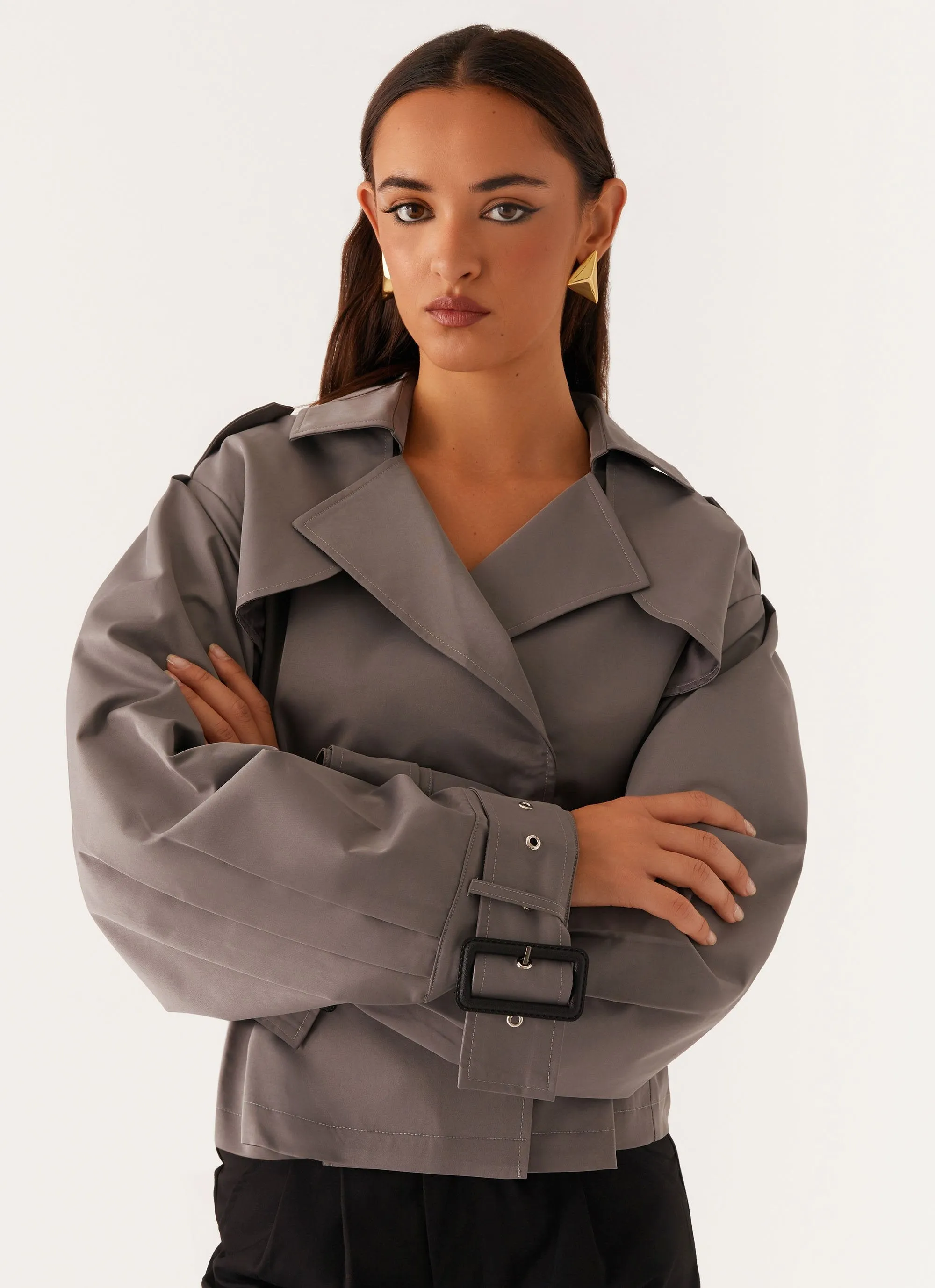 Boston Cropped Trench Coat - Charcoal Heat Retention Layer