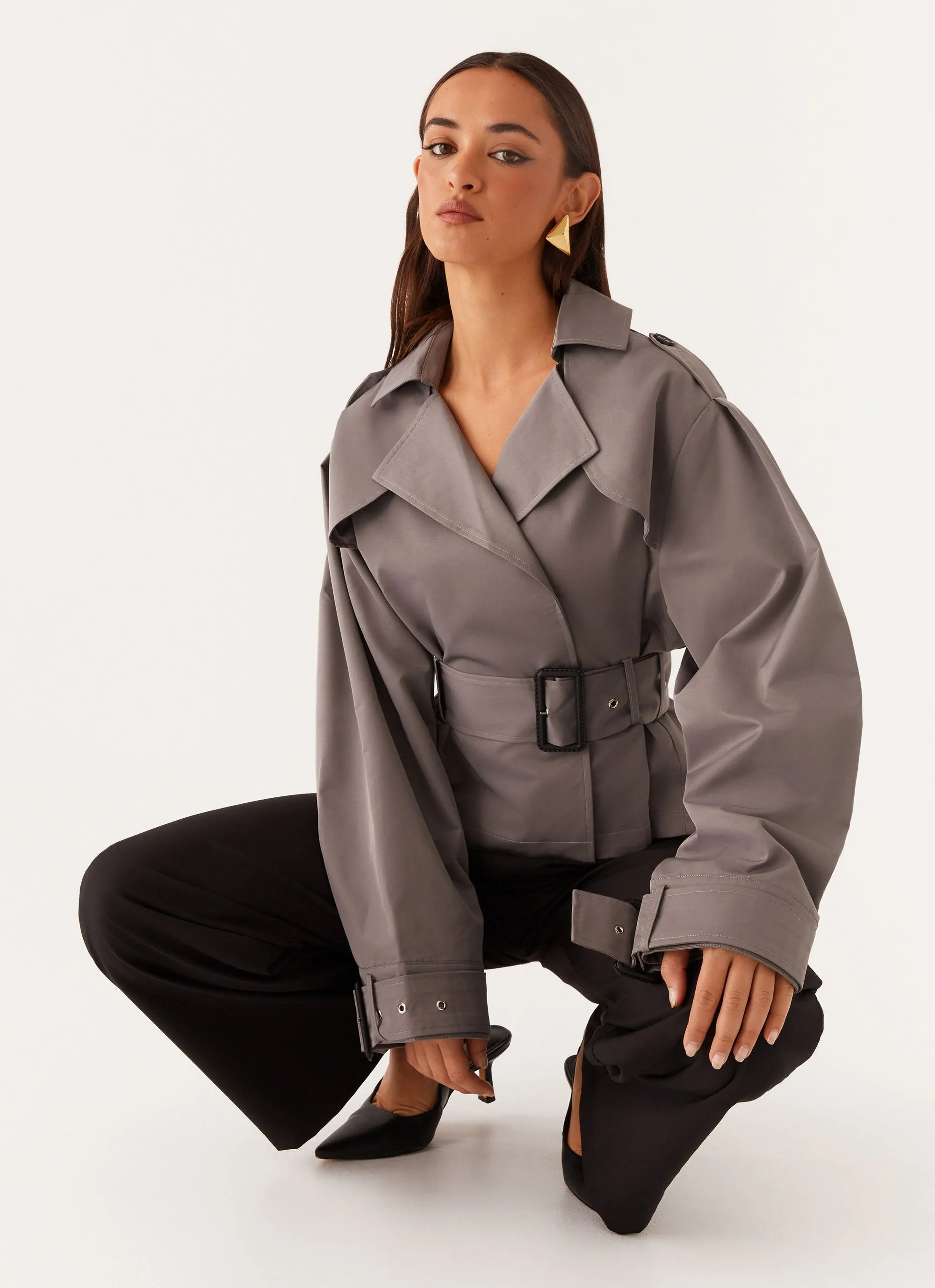 Bomber Cut Boston Cropped Trench Coat - Charcoal