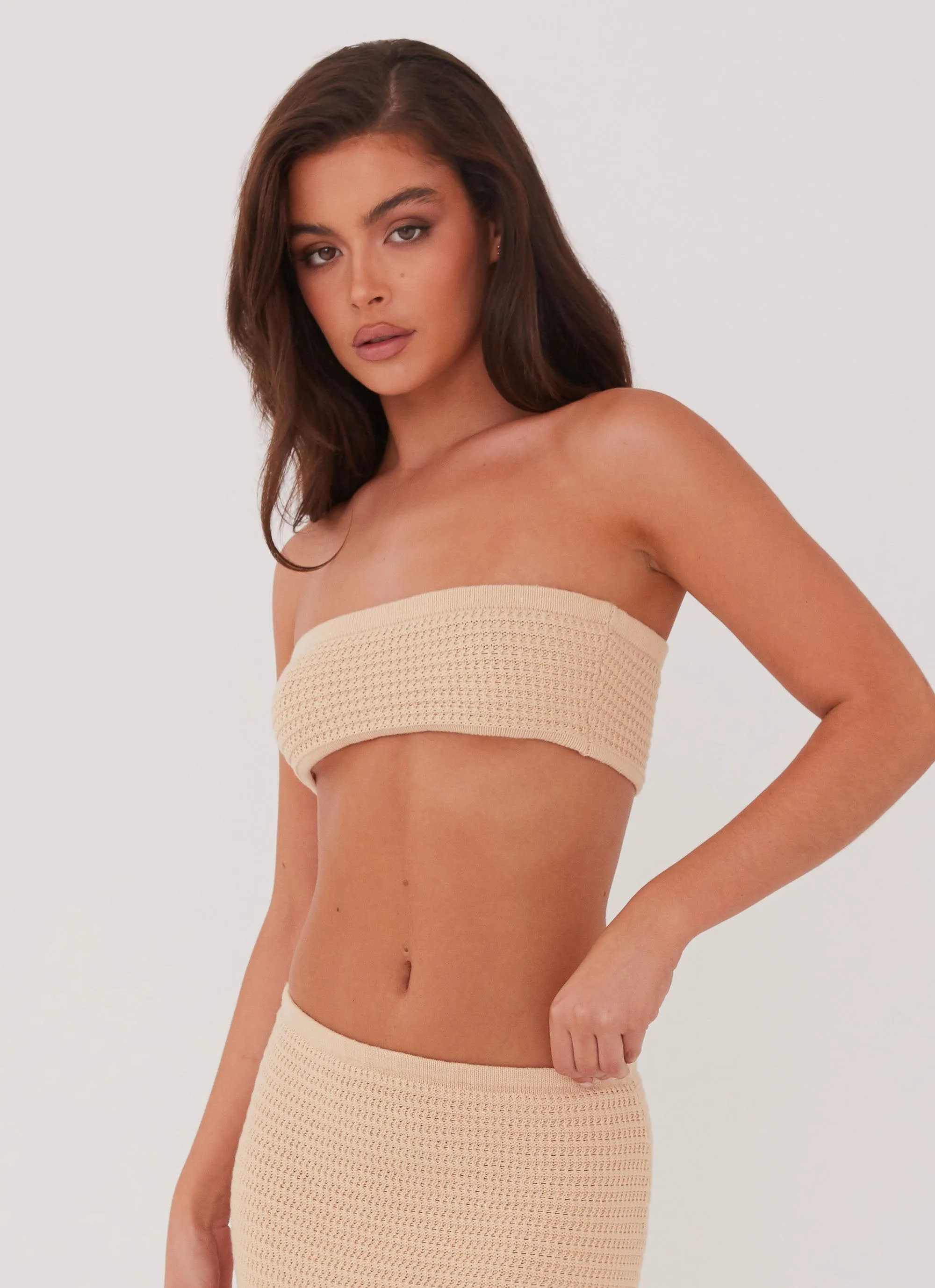 Ribbed Structure Emaline Knit Bandeau Top - Beige