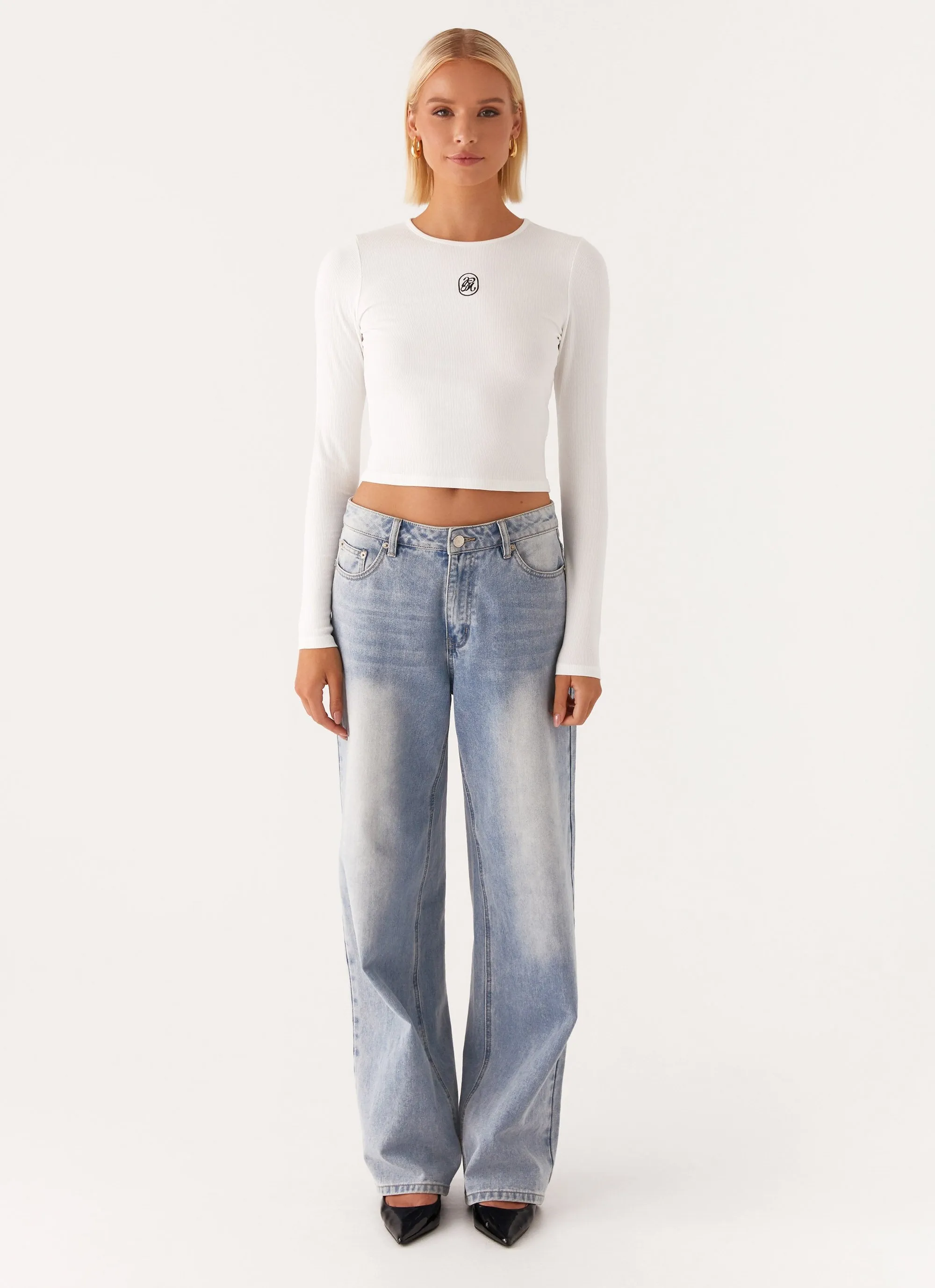 Butter Soft Yarn Signature Monogram Long Sleeve Tee - Off White