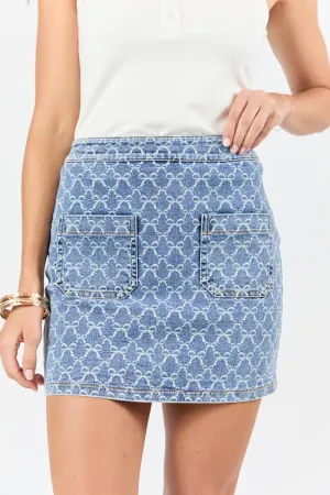 One size fits most Beautiful Bows Printed Denim Skirt SALE