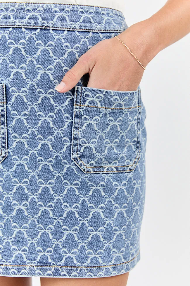 Beautiful Bows Printed Denim Skirt SALE Collaboration Piece Button Details