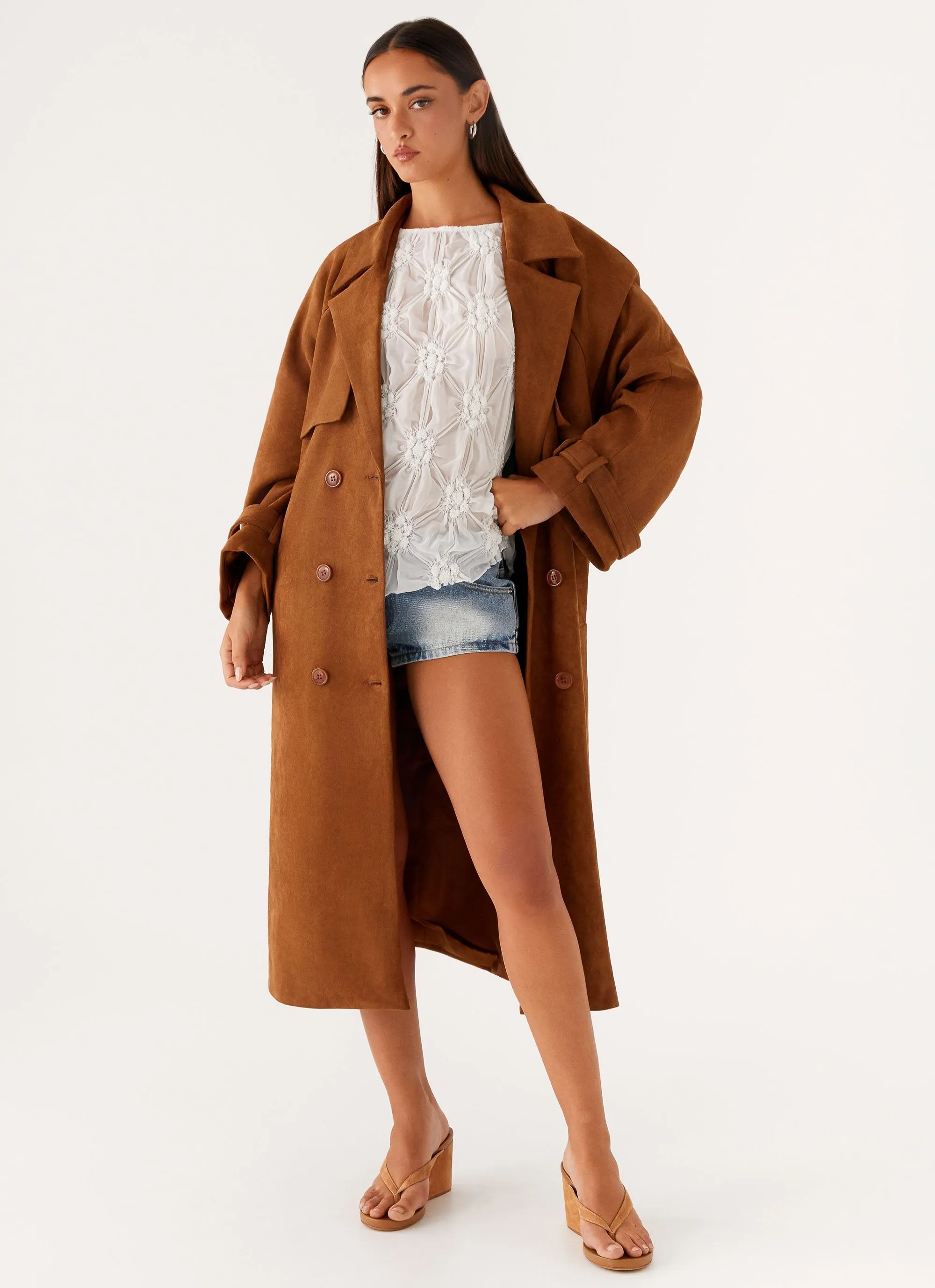 Bridie Faux Suede Trench Coat - Brown FadeResistant Print
