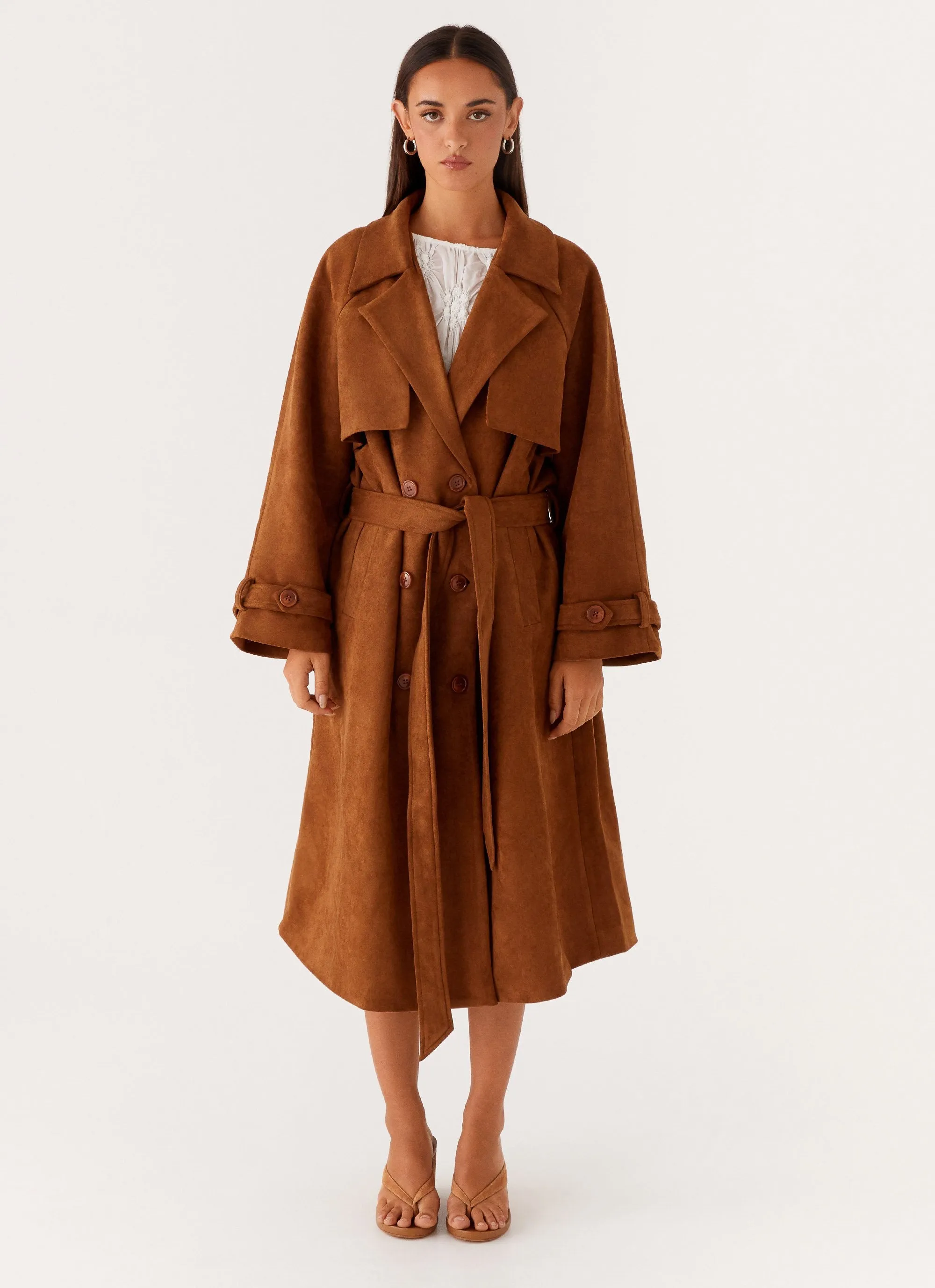 Bridie Faux Suede Trench Coat - Brown Odor Resistant Fabric