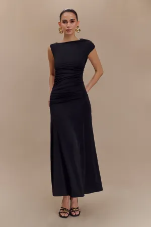 Navanna Asymmetric Slinky Midi Dress - Black Fashion-forward day dress Casual Smart