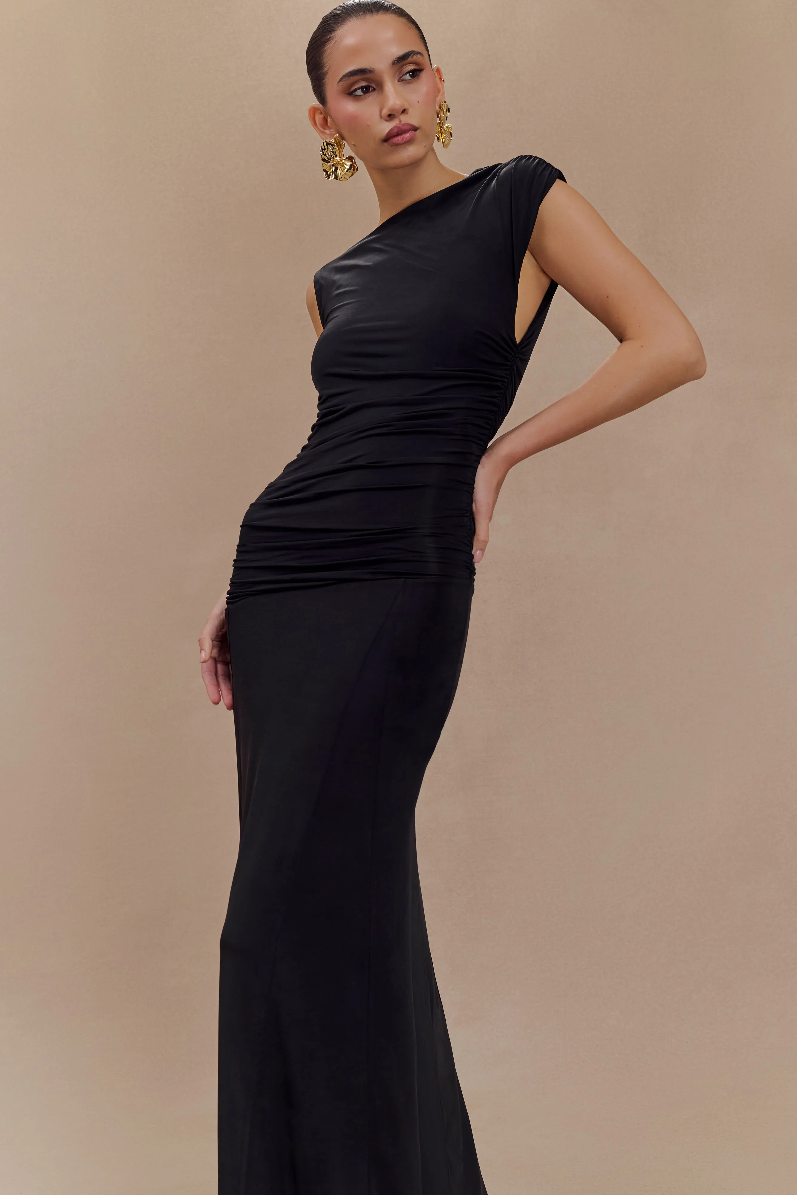 Navanna Asymmetric Slinky Midi Dress - Black Padded-Bust