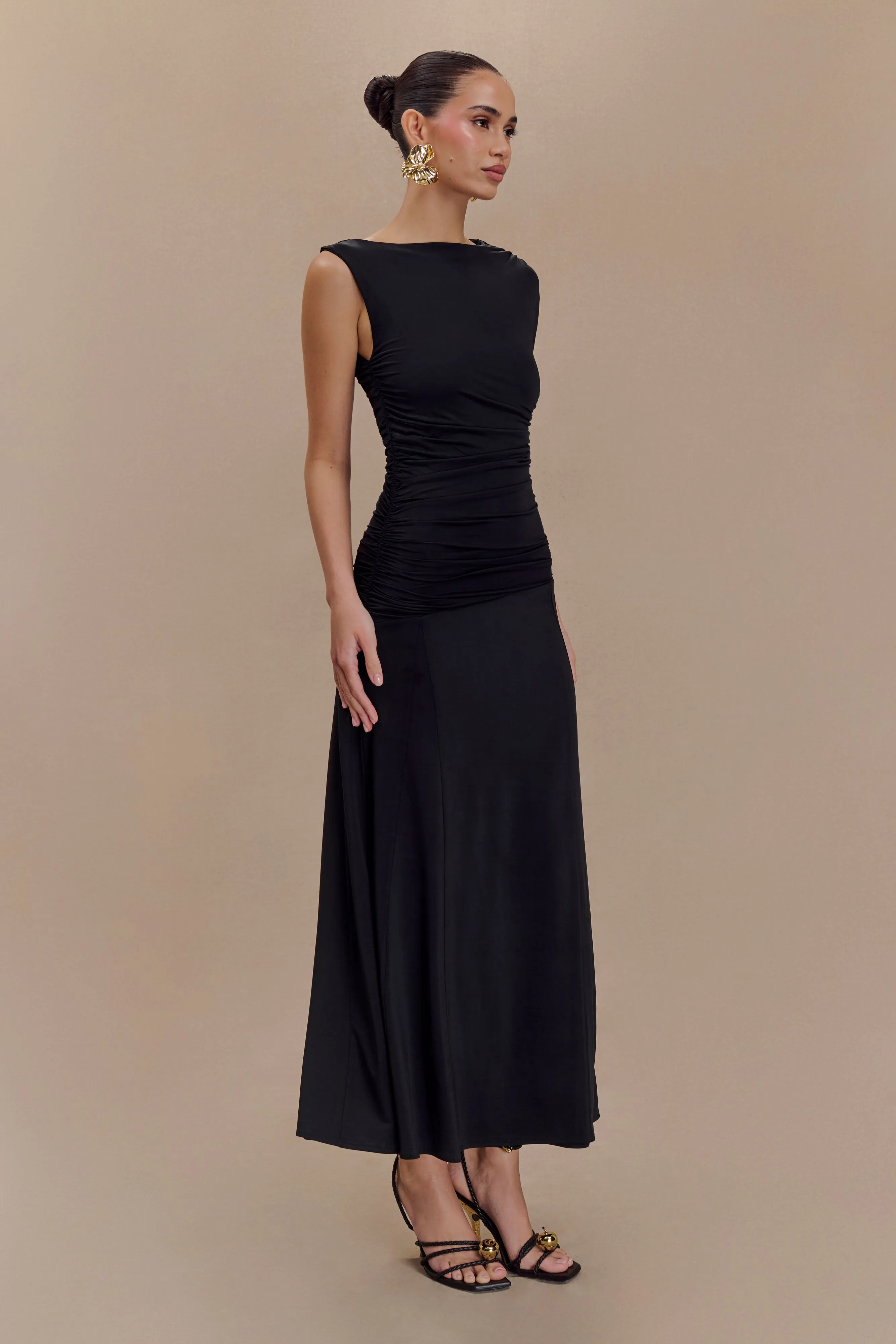 Navanna Asymmetric Slinky Midi Dress - Black Vibe Style