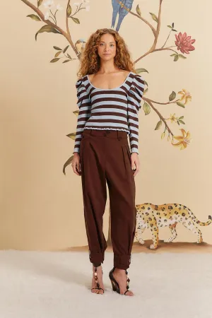 Brown High Waist Buttoned Cuff Pants Utility Pockets
