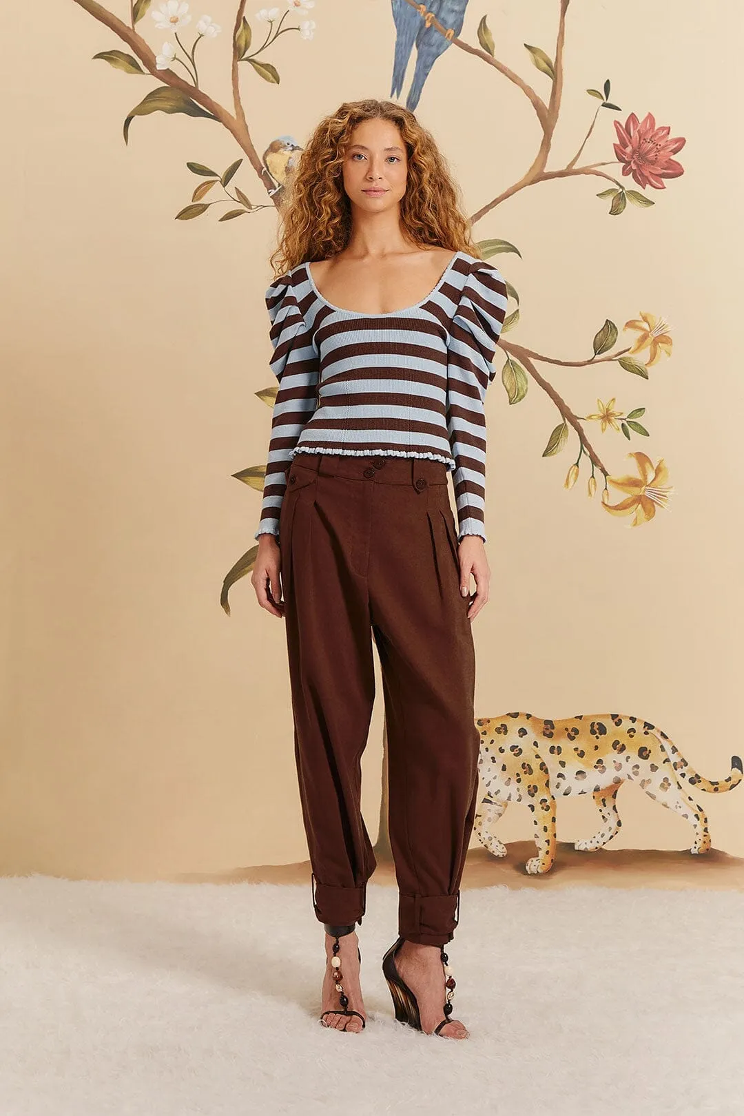 Brown High Waist Buttoned Cuff Pants Utility Pockets