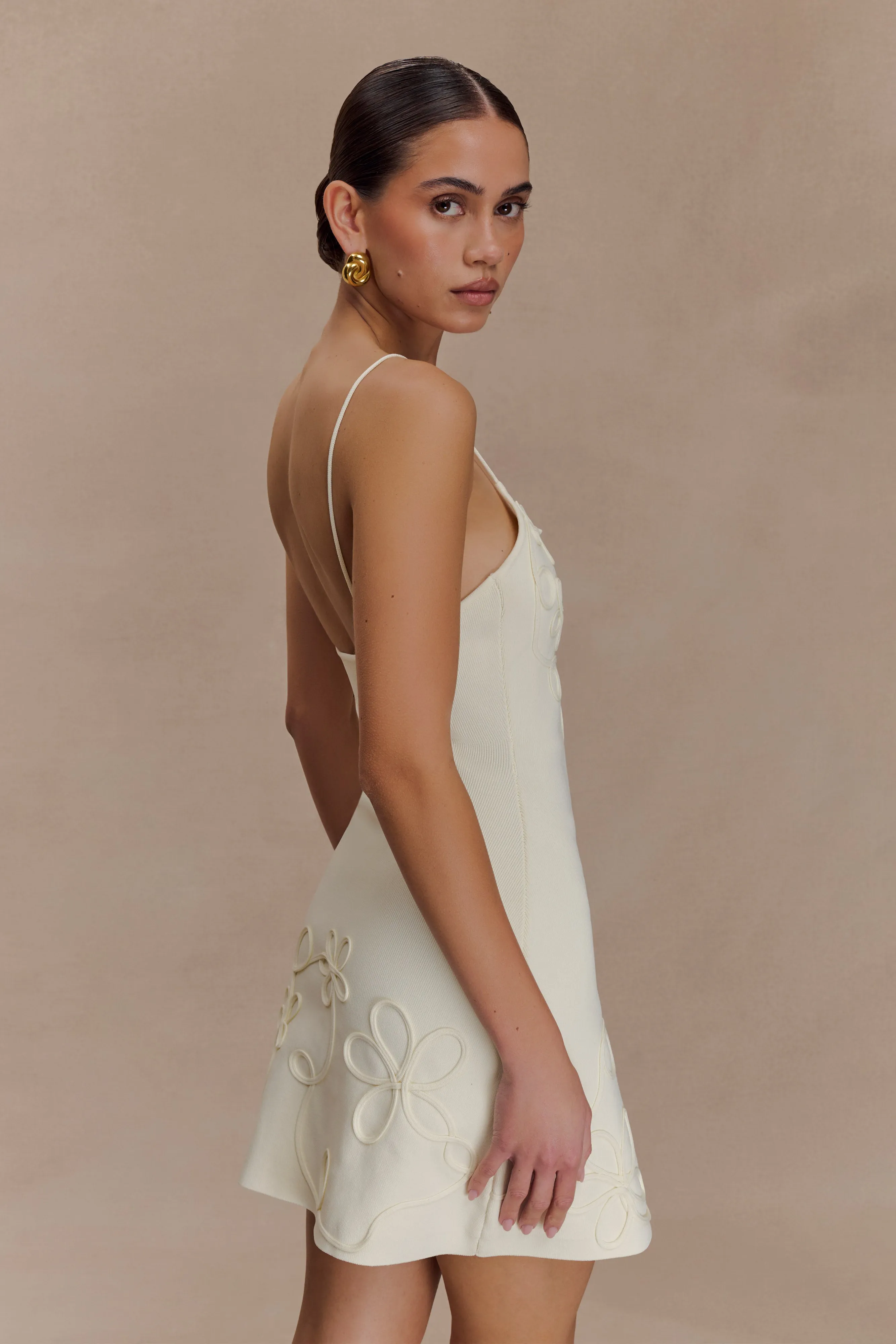 Brullo Embroidery Knit Mini Dress - Ivory Seamless Finish Satin Glow