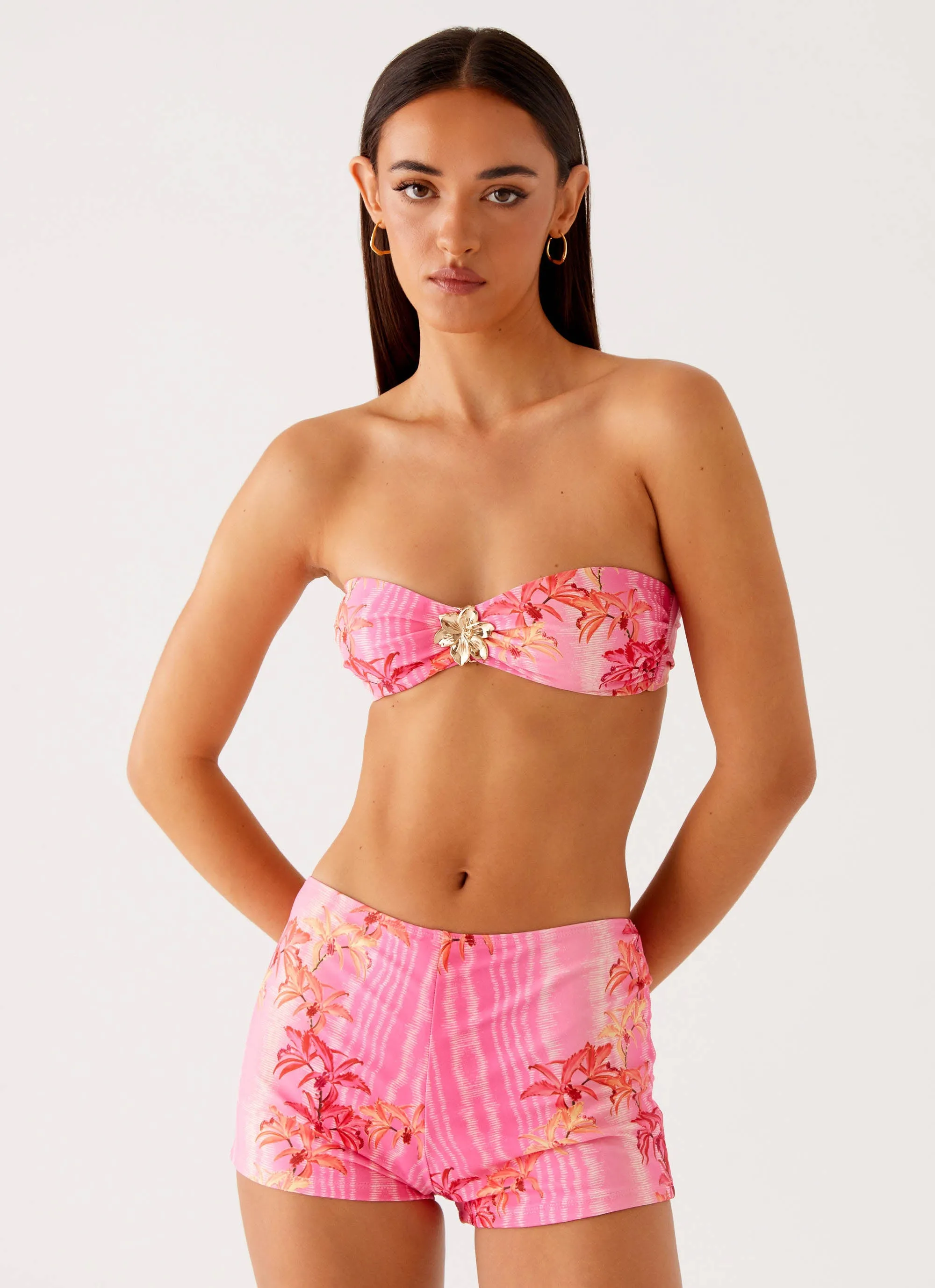 Tamra Strapless Bikini Top - Tropical Pink Print Shimmer Effect