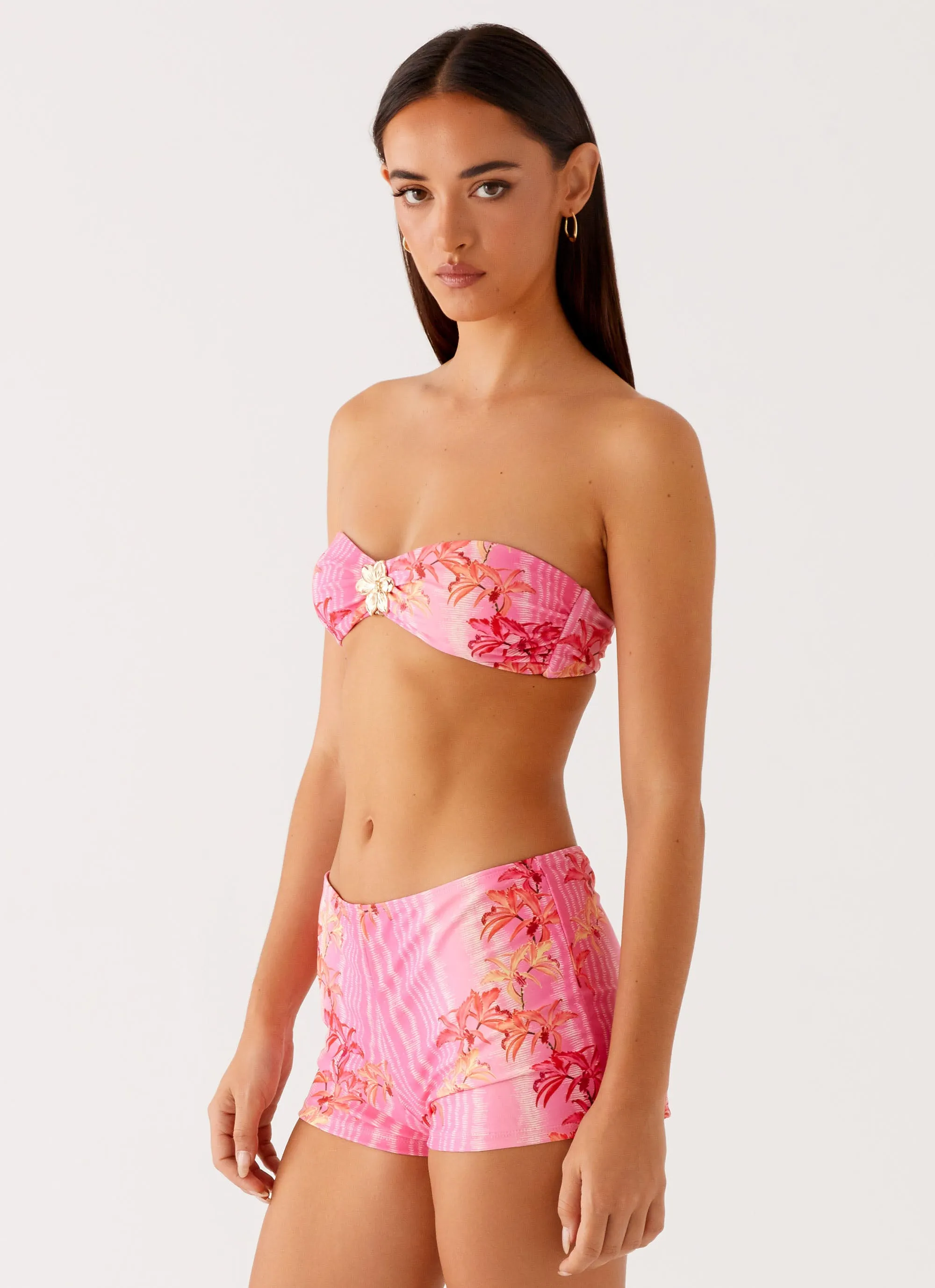 Tamra Strapless Bikini Top - Tropical Pink Print Beach Day