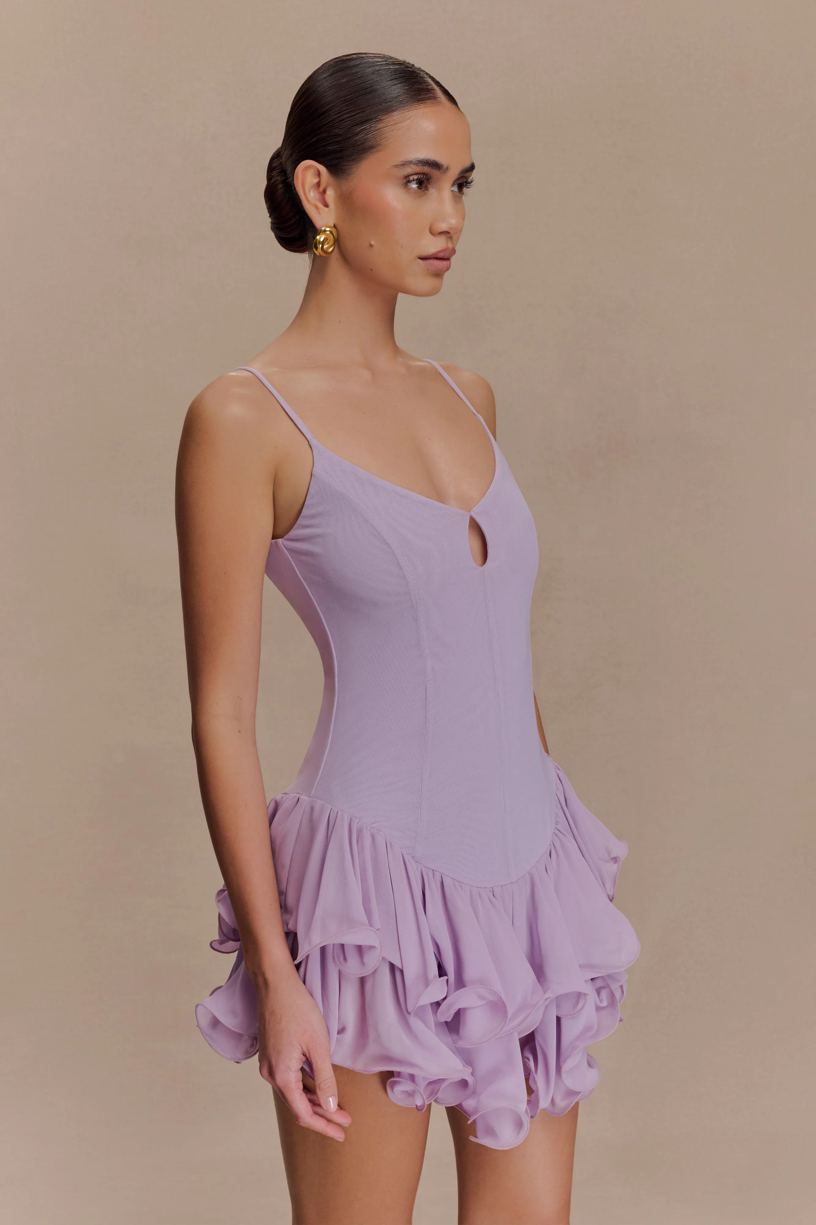 Empire Waist Calantha Ruffle Mesh Mini Dress - Lilac