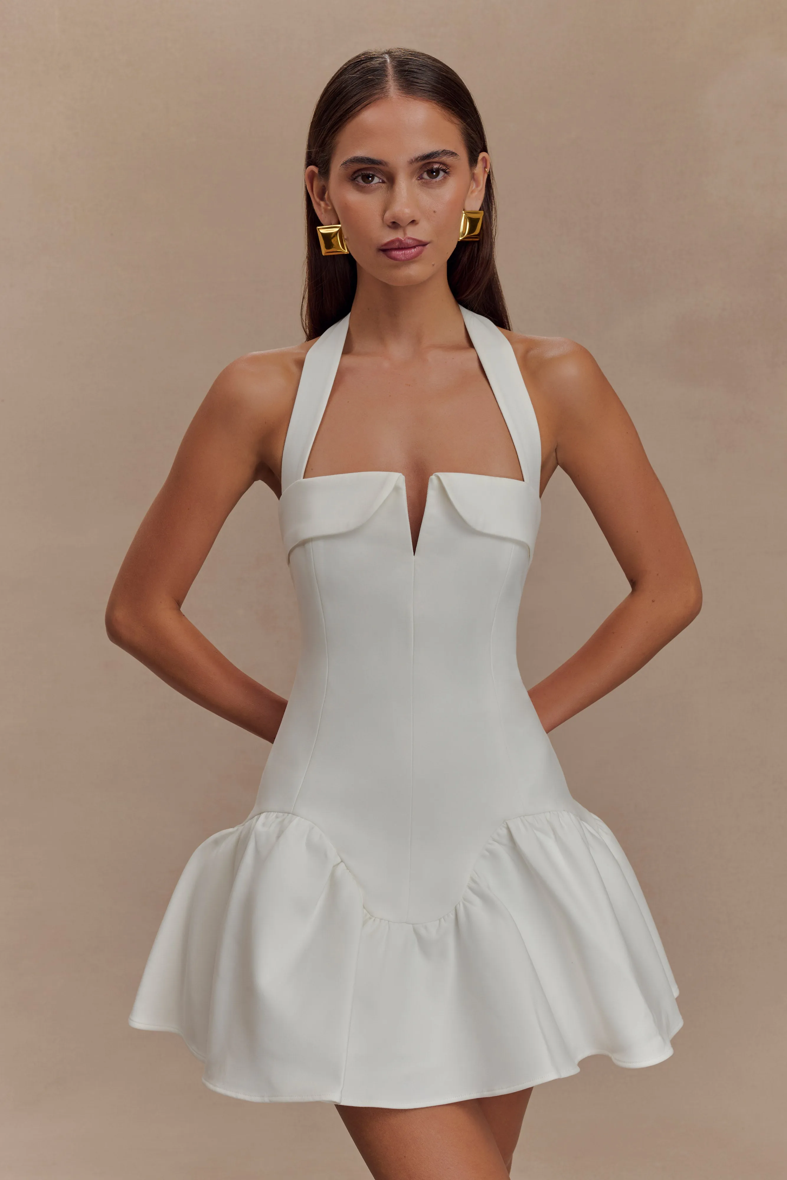 Calipso Halter Mini Dress - White Tailored Fit