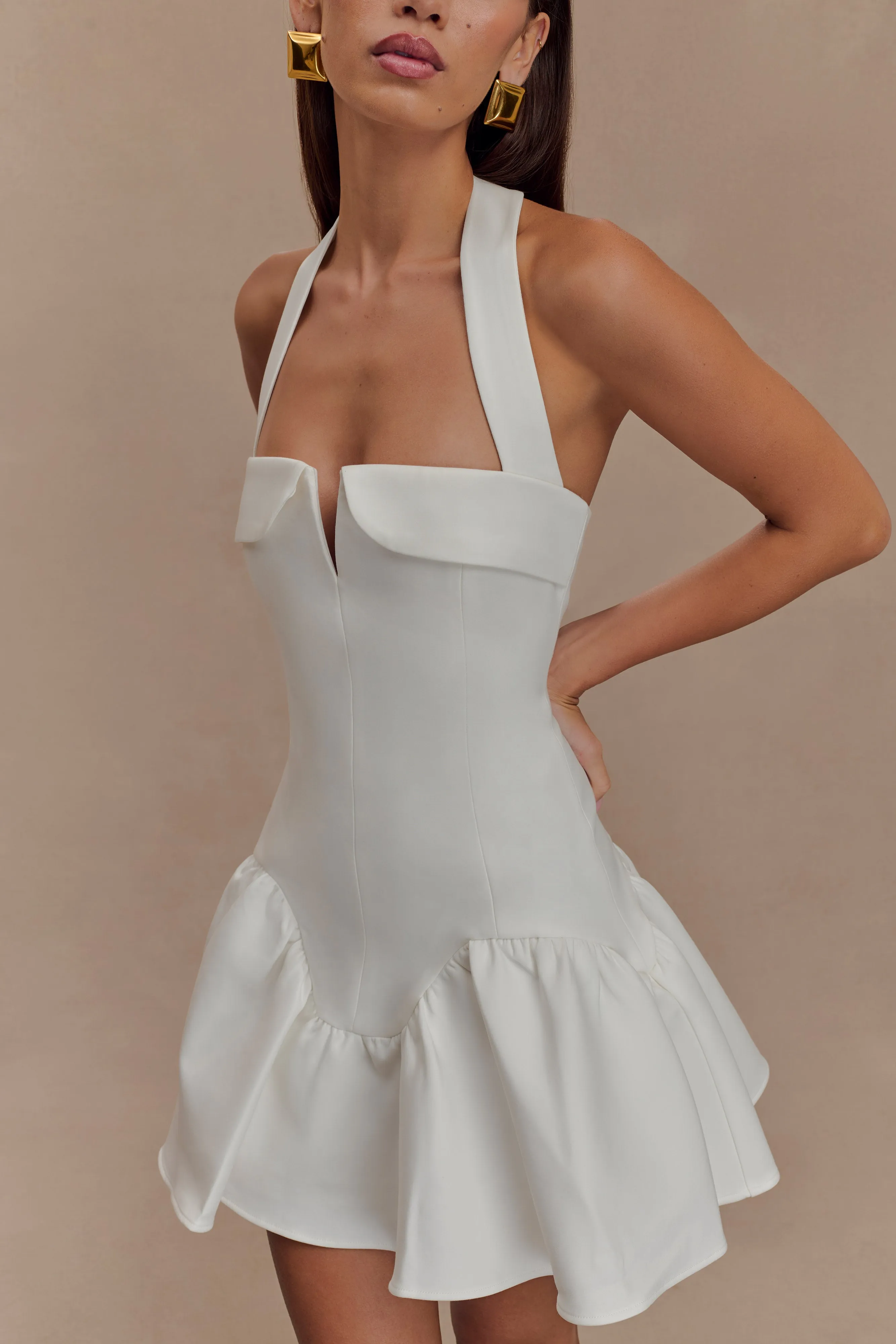 Balloon-Sleeve Flexible Waist Calipso Halter Mini Dress - White