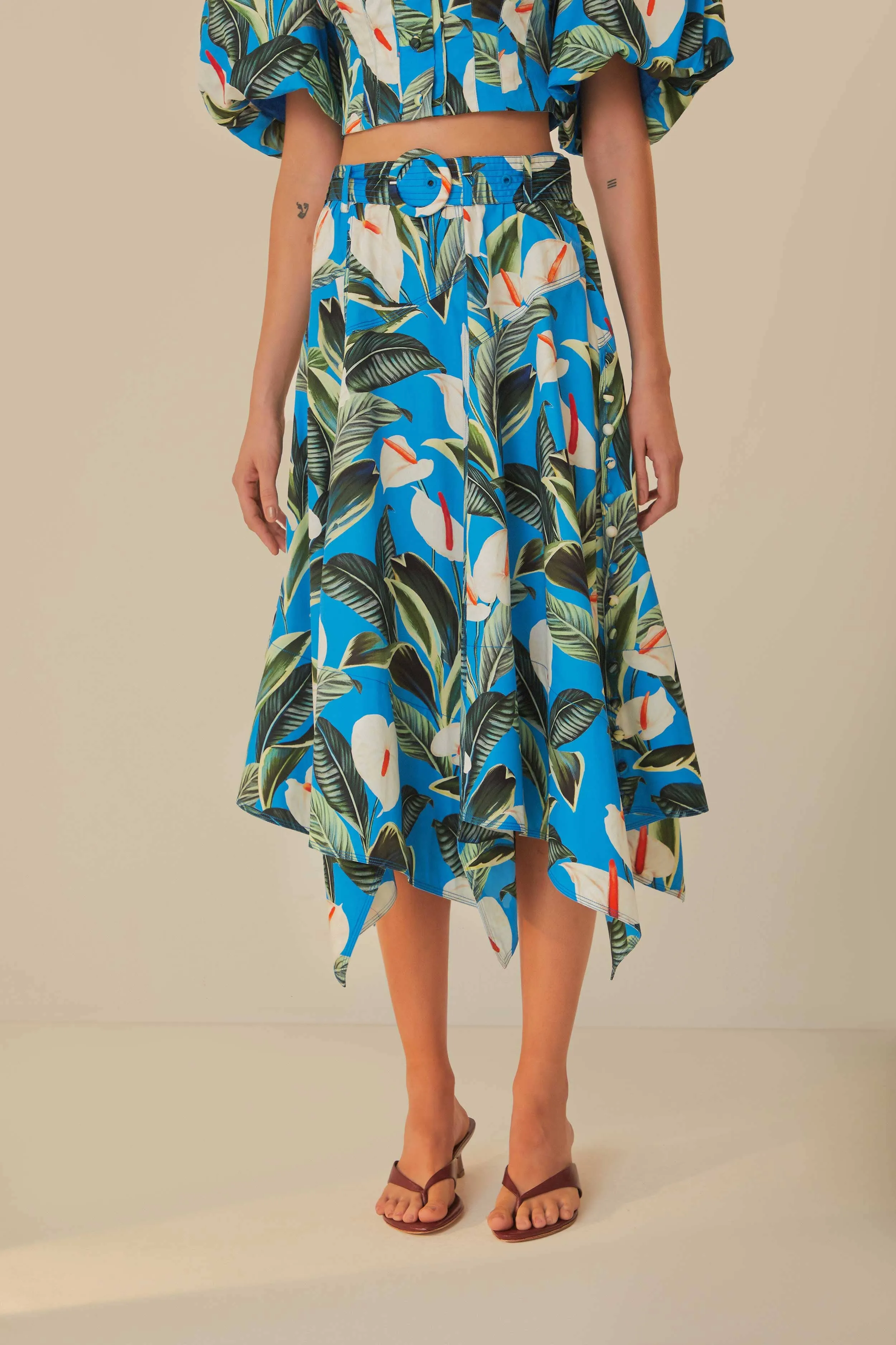 Leg Elongating Blue Anthurium Garden Asymmetric Midi Skirt
