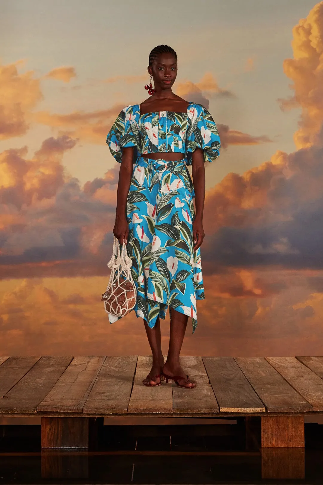 All Day Fit Blue Anthurium Garden Asymmetric Midi Skirt