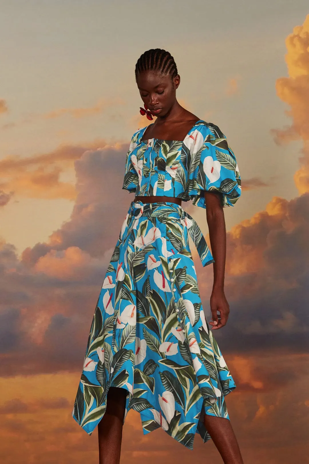 Blue Anthurium Garden Asymmetric Midi Skirt Relaxed Vibe Bold Statement