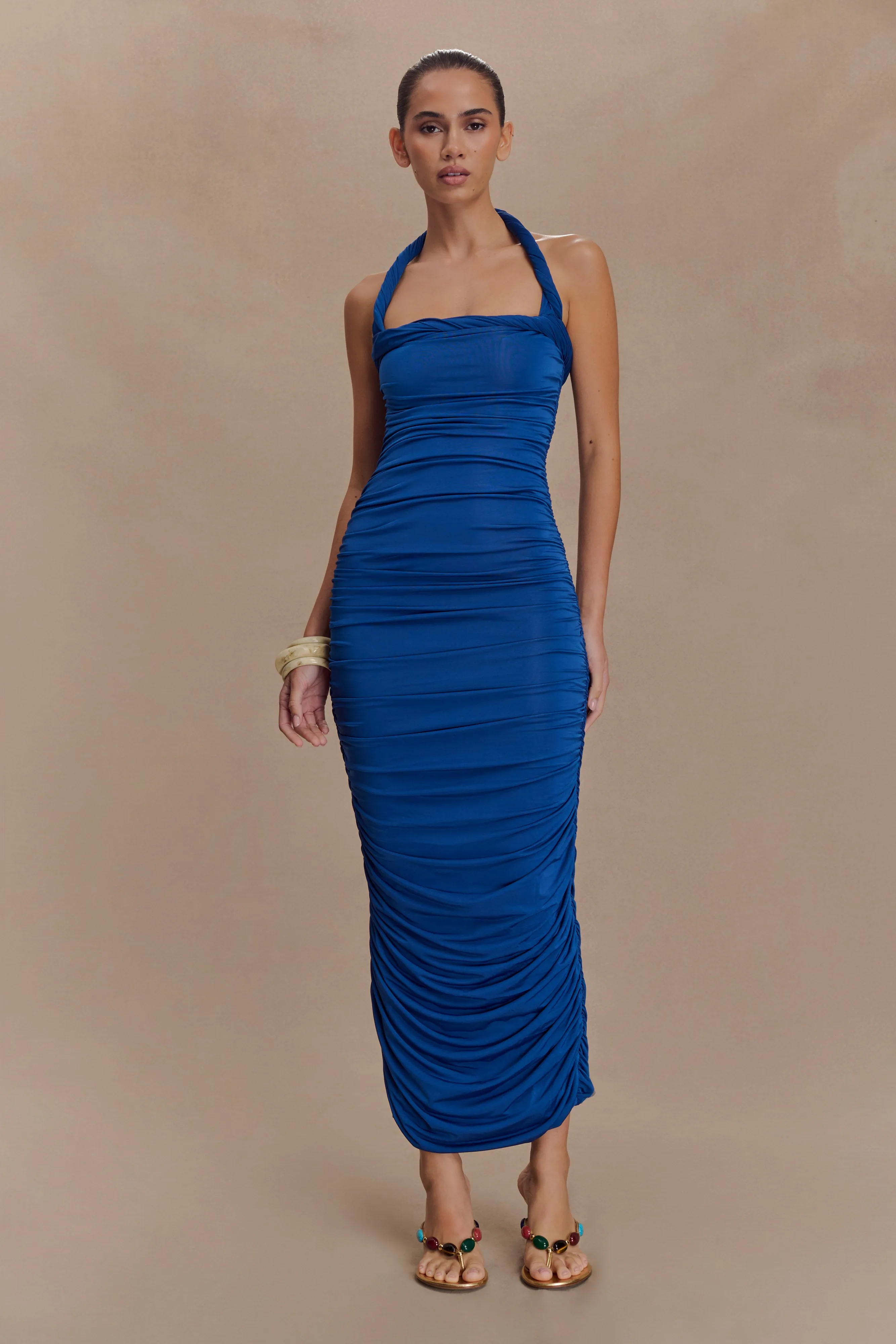 Camila Ruched Halter Midi Dress - Cobalt Gentle Motion