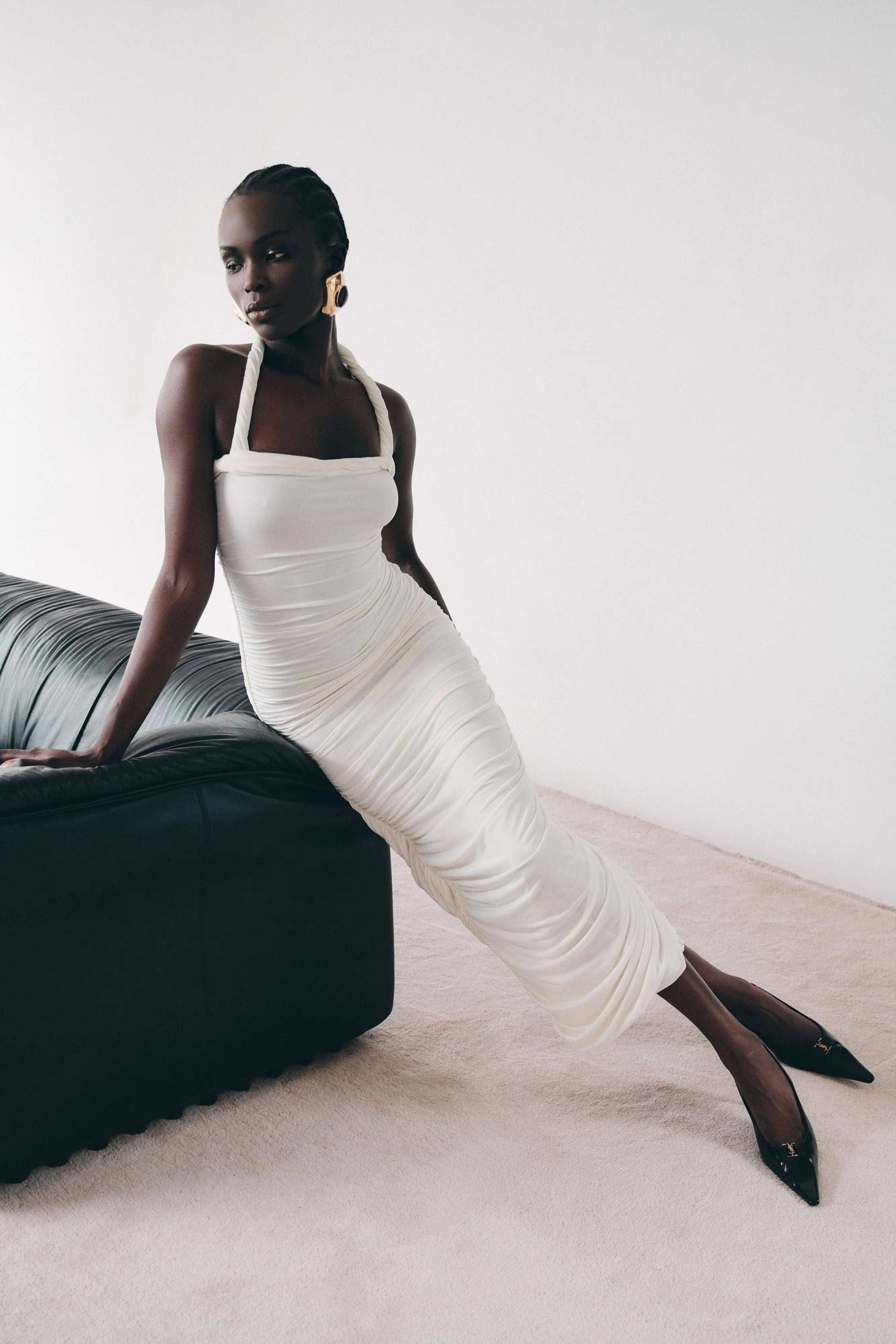 Camila Ruched Halter Midi Dress - Ivory Fashionable Cut Vibrant Edge