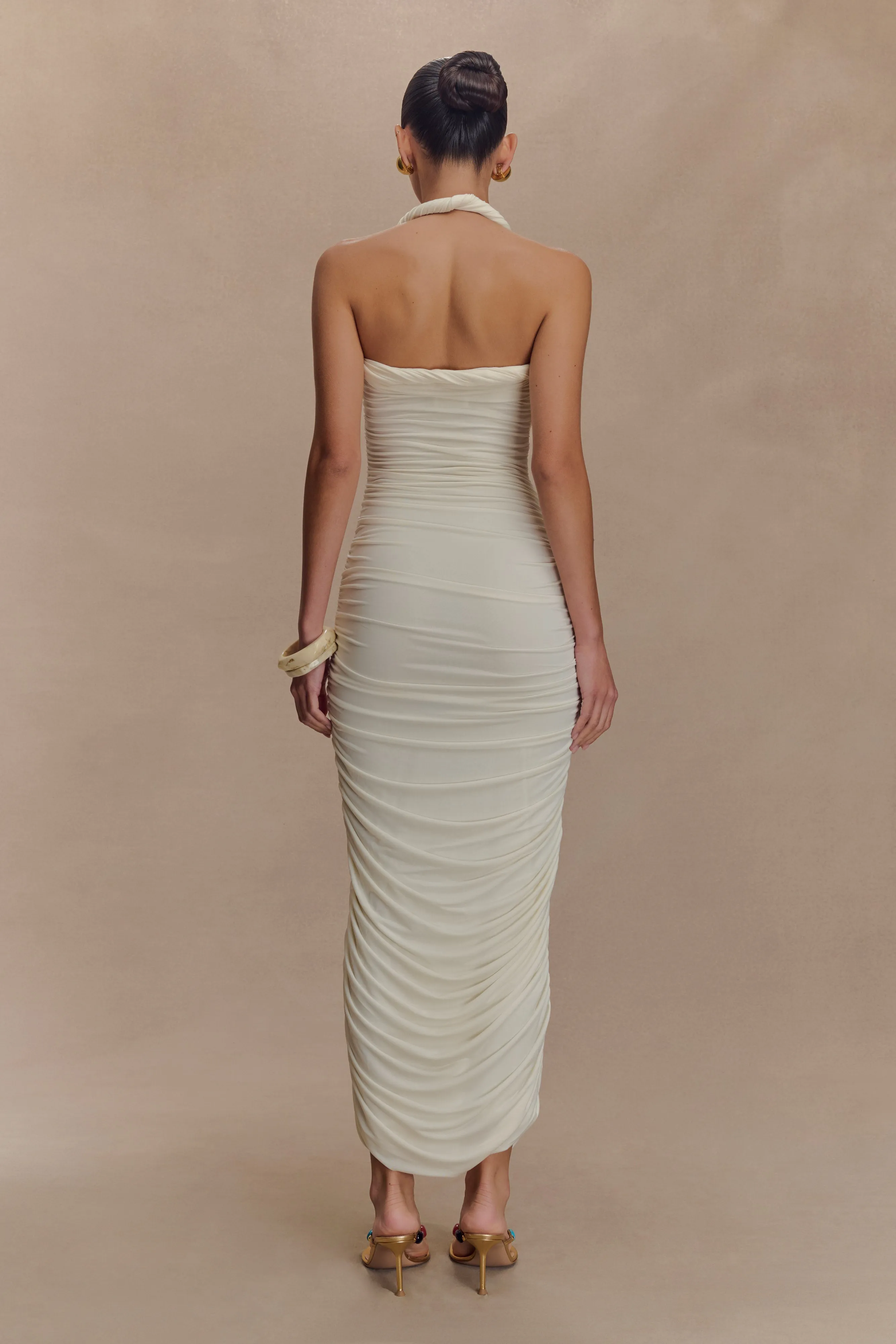 Camila Ruched Halter Midi Dress - Ivory Anti-bacterial Daywear Fit