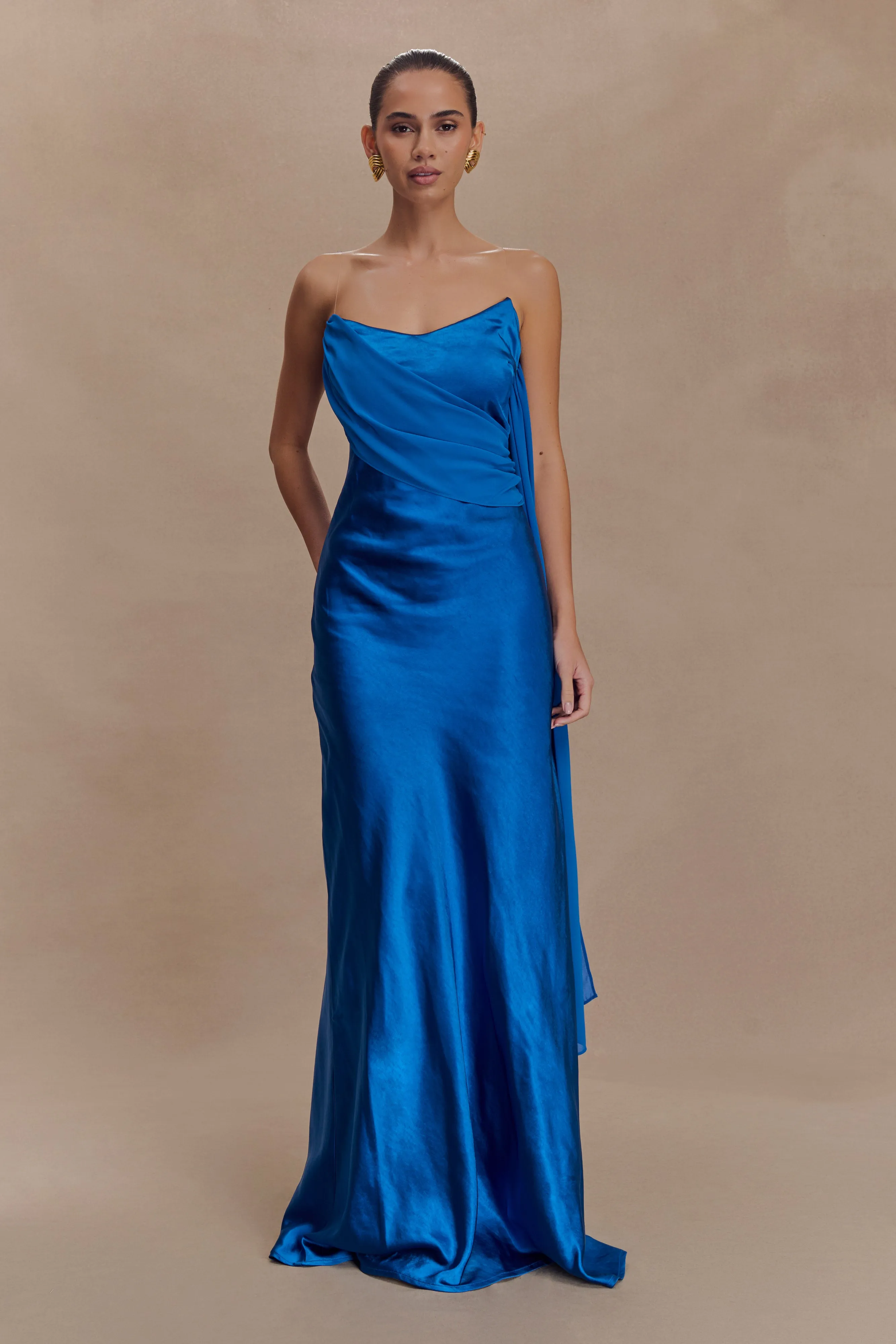 Carah Satin And Chiffon Maxi Dress - Cobalt Chic Motion Elegant Waist Fit