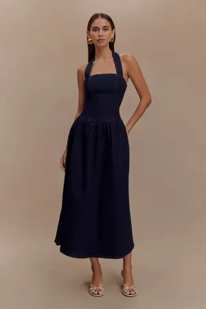 Year Round Caroline Denim Halter Midi Dress - Indigo Blue