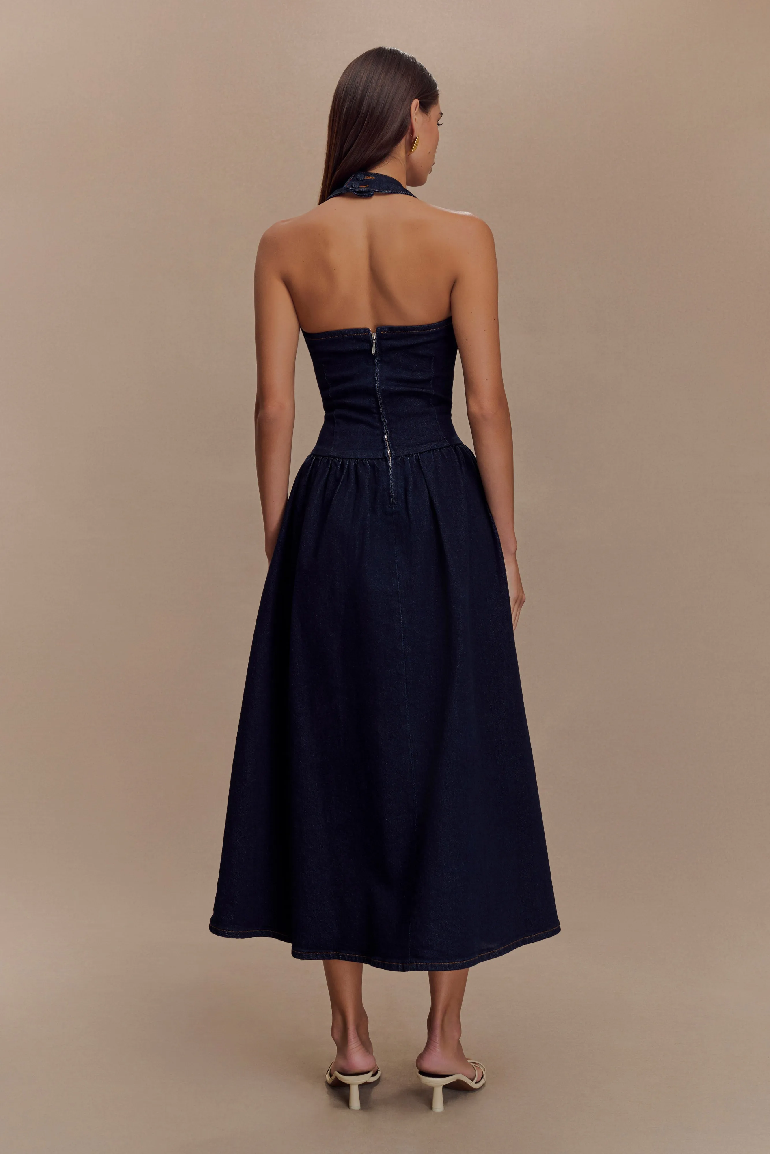 Caroline Denim Halter Midi Dress - Indigo Blue Fall Go
