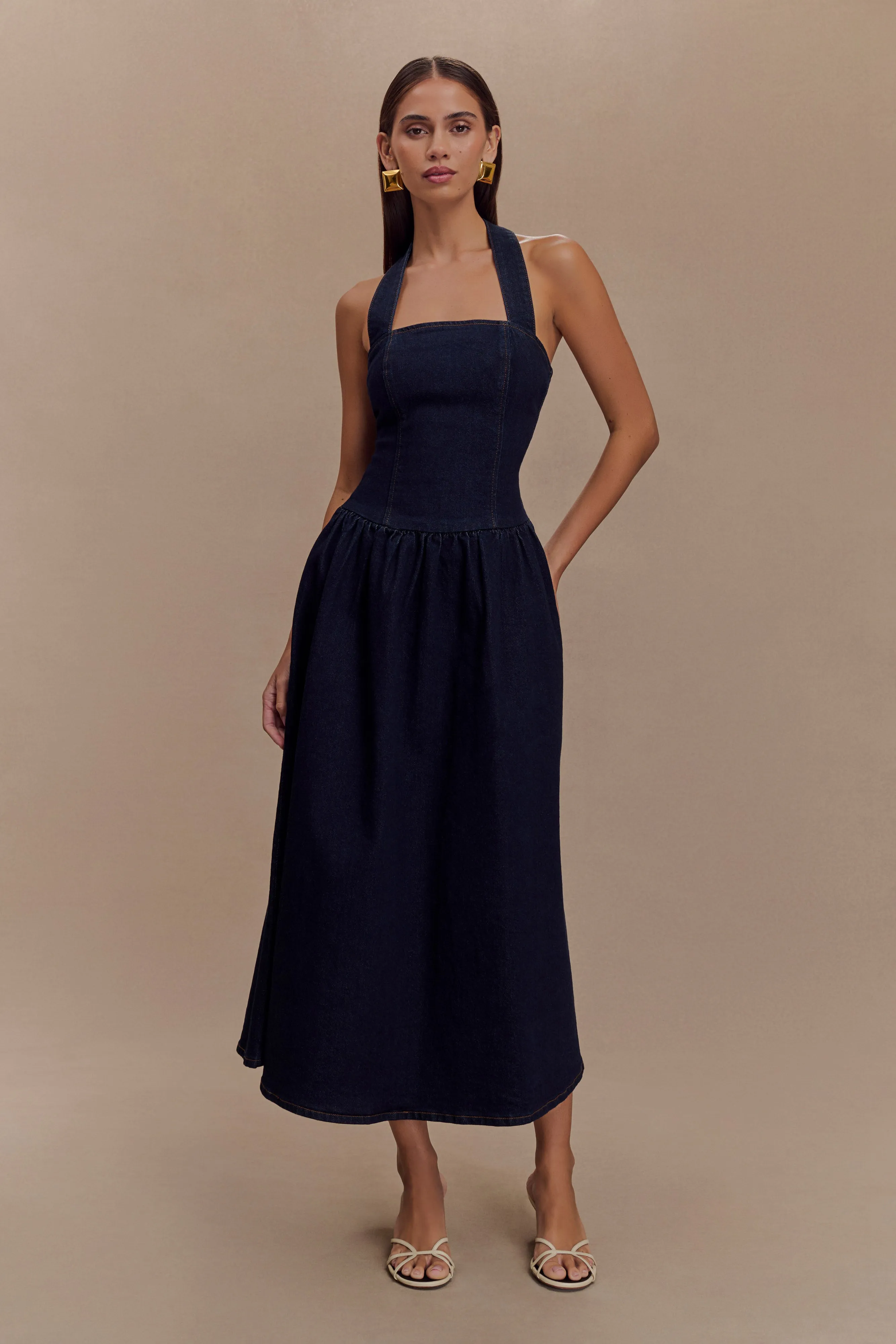 Year Round Caroline Denim Halter Midi Dress - Indigo Blue