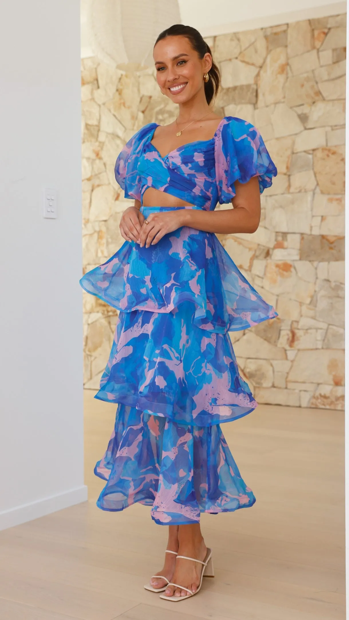 Casey Maxi Dress - Blue / Pink Print Playful Twist Soft Draping