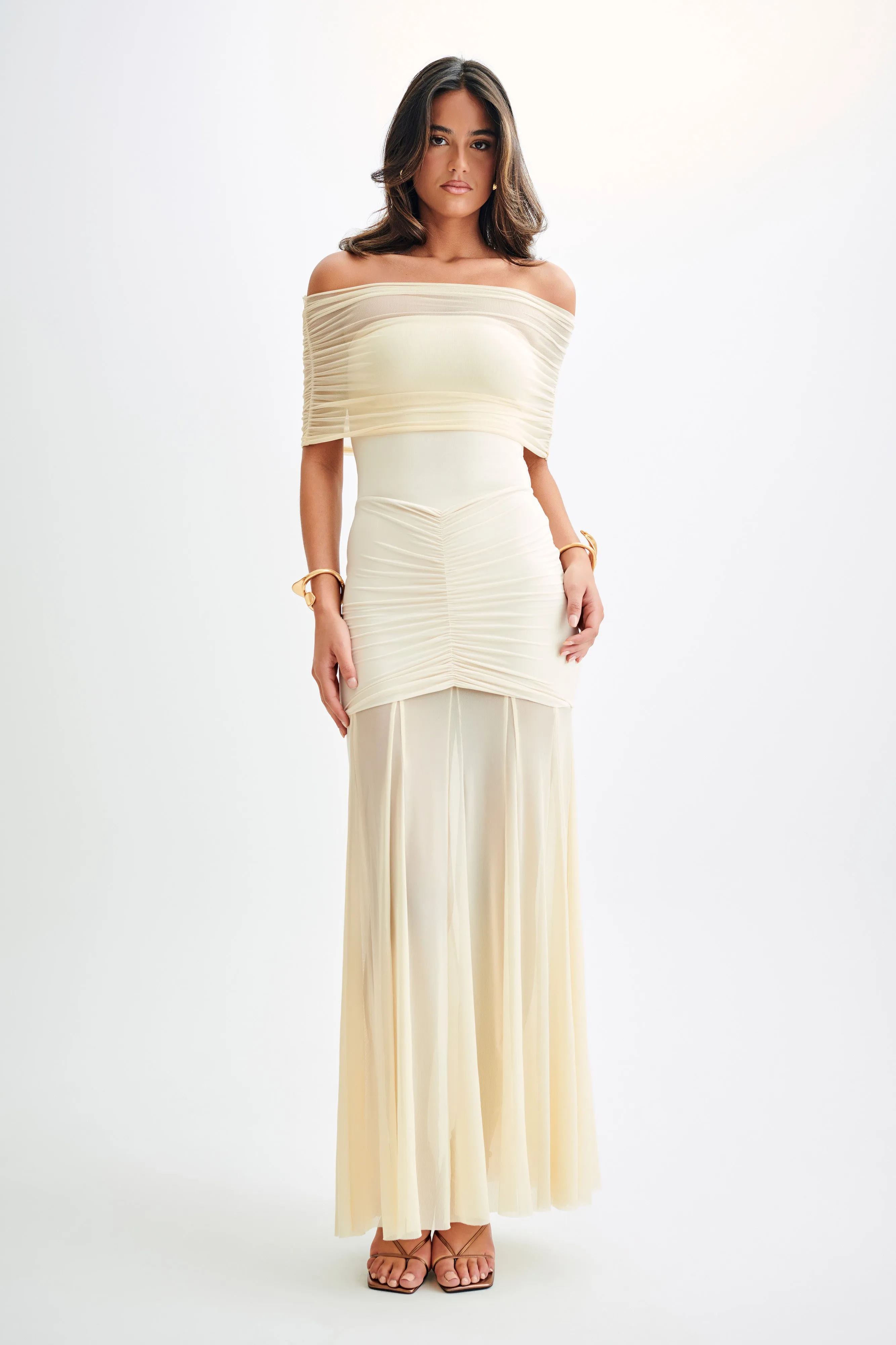 Caspian Slinky And Mesh Off Shoulder Maxi Dress - Ivory Smart and Sleek