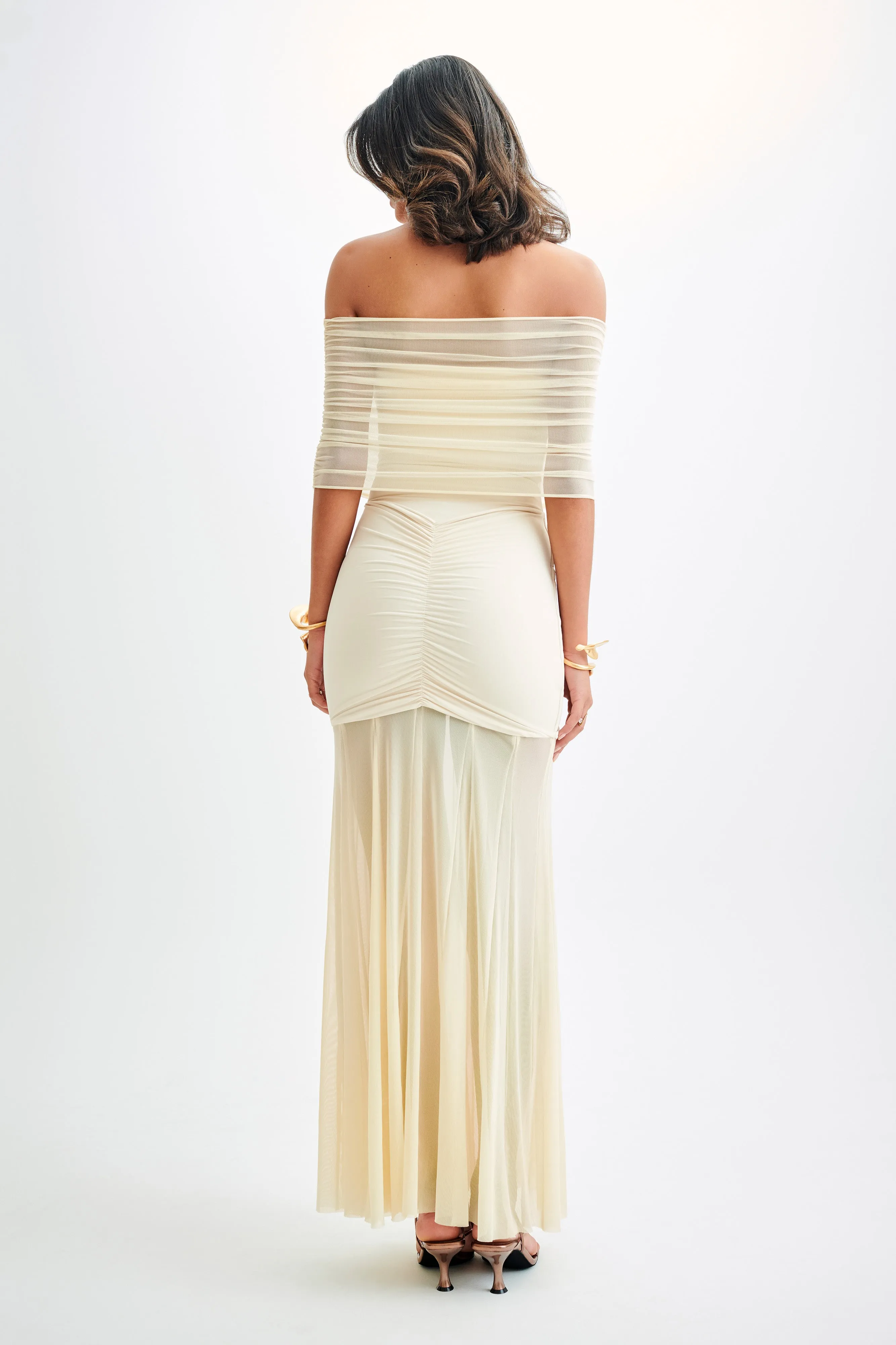 Caspian Slinky And Mesh Off Shoulder Maxi Dress - Ivory Effortless Elegance museum visit