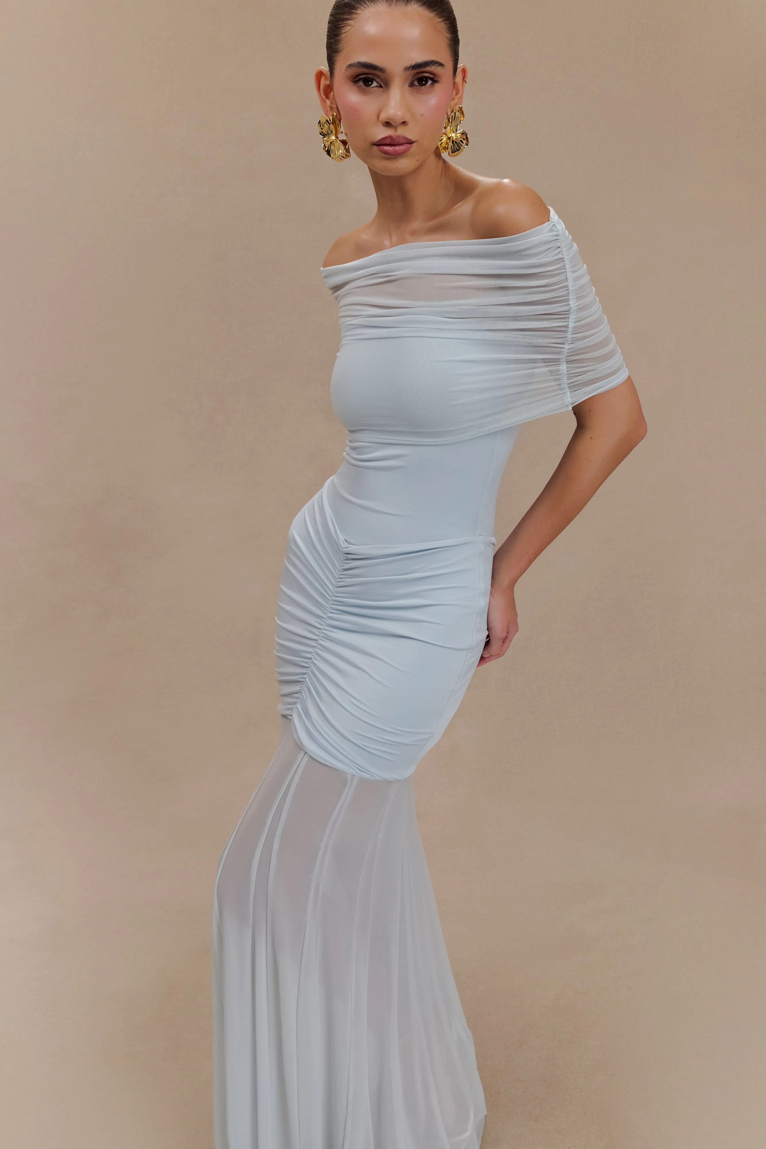 Caspian Slinky And Mesh Off Shoulder Maxi Dress - Pale Blue vacation look Flattering Layer
