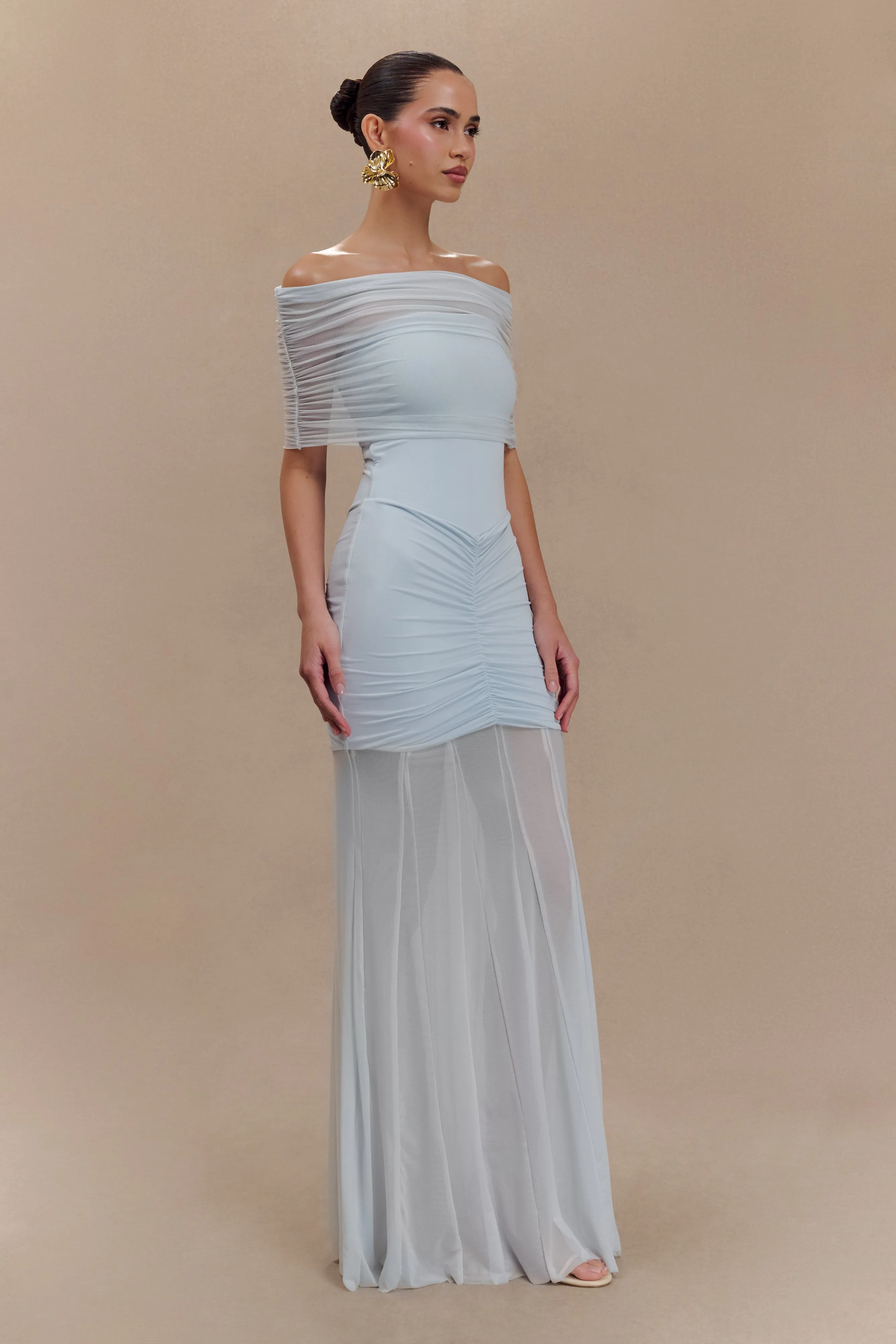 Embroidered-Sleeve Caspian Slinky And Mesh Off Shoulder Maxi Dress - Pale Blue