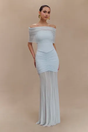 Caspian Slinky And Mesh Off Shoulder Maxi Dress - Pale Blue Modest Light
