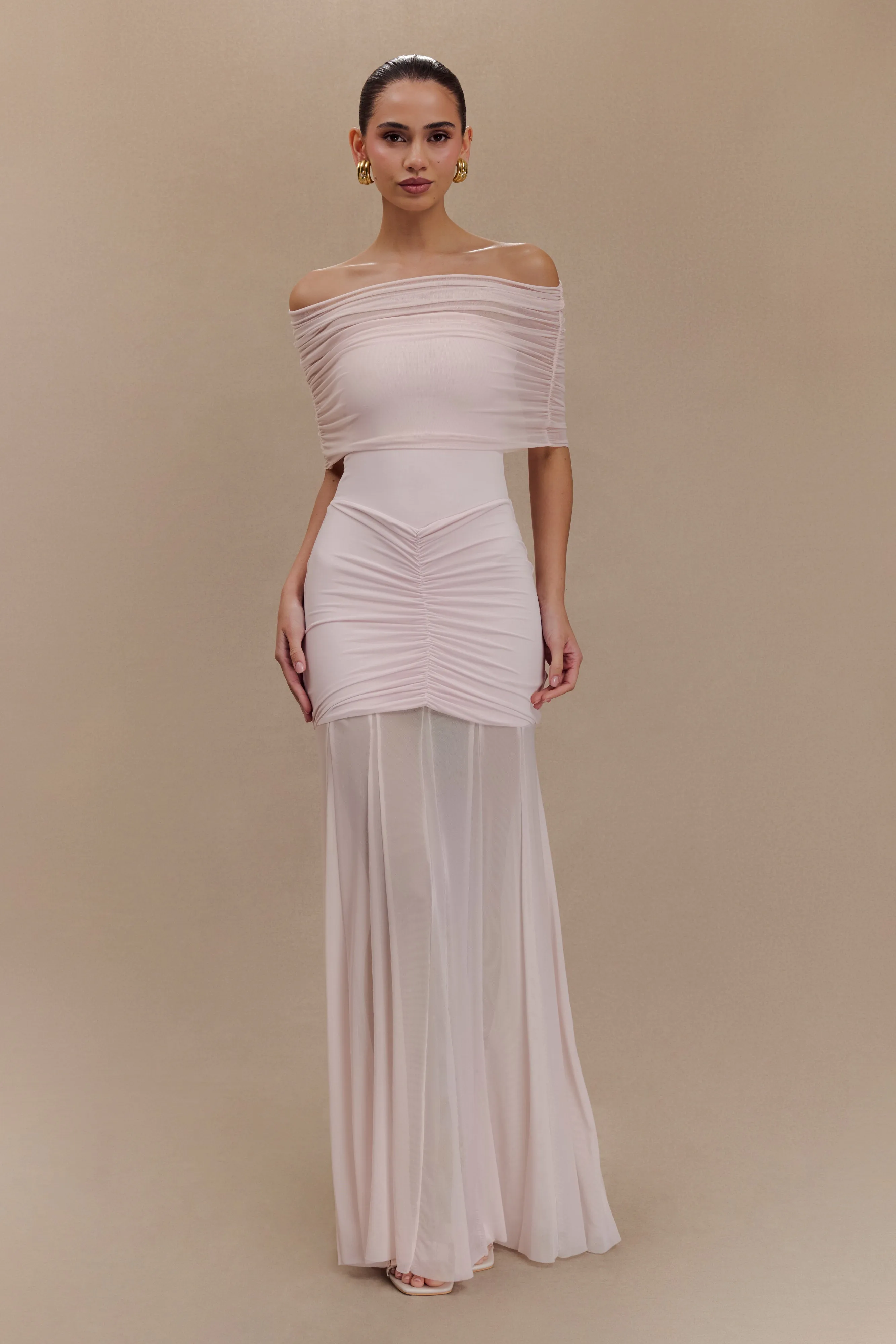 Caspian Slinky And Mesh Off Shoulder Maxi Dress - Pale Pink Essential Layer