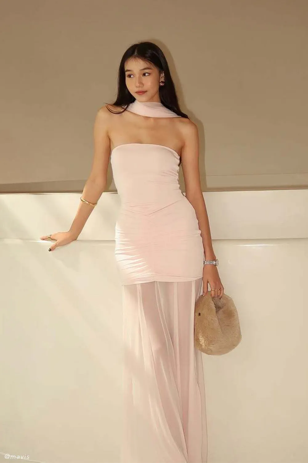 Caspian Slinky And Mesh Off Shoulder Maxi Dress - Pale Pink Music-Concert Smart Piece