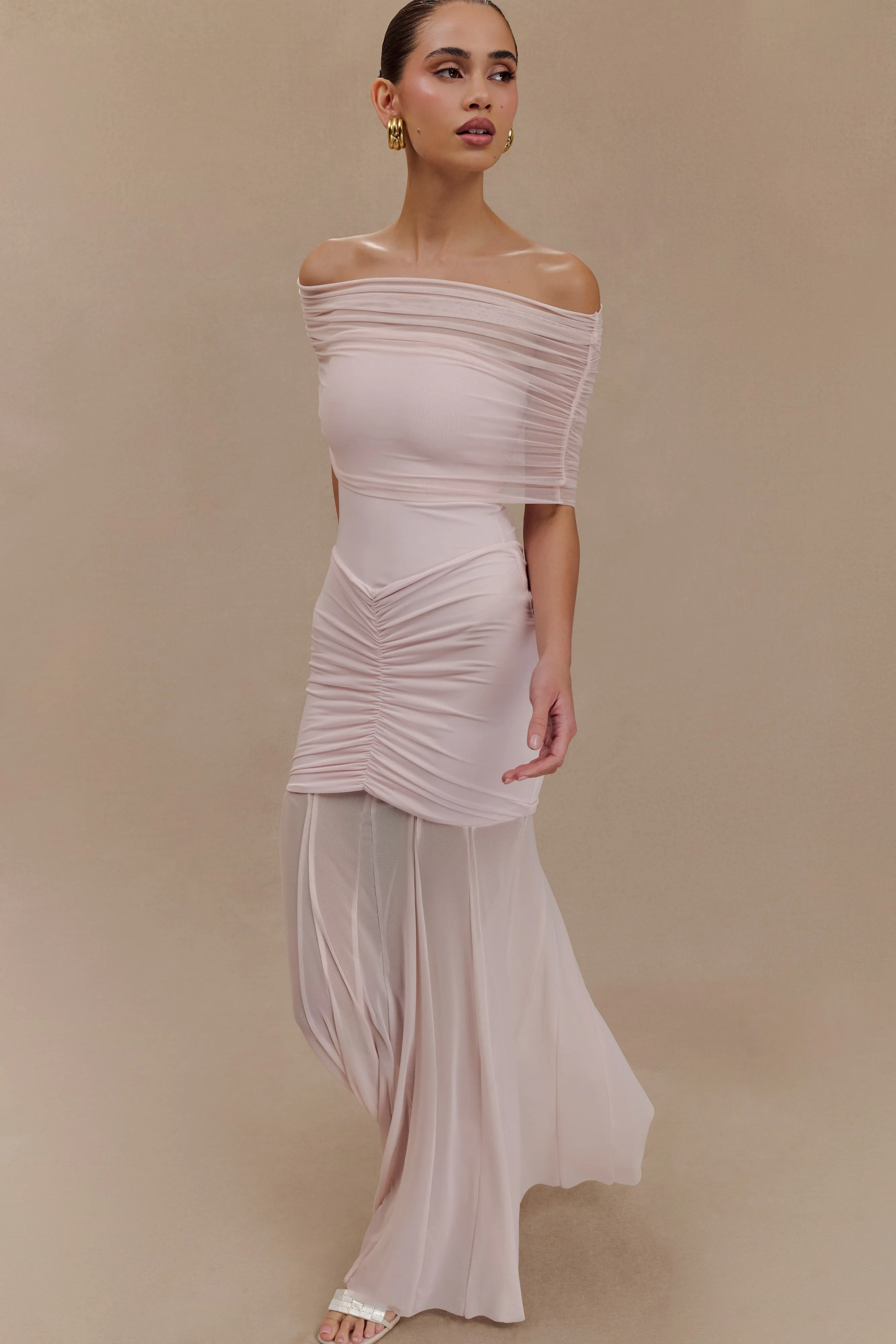 Caspian Slinky And Mesh Off Shoulder Maxi Dress - Pale Pink Charming Design Neutral Layer