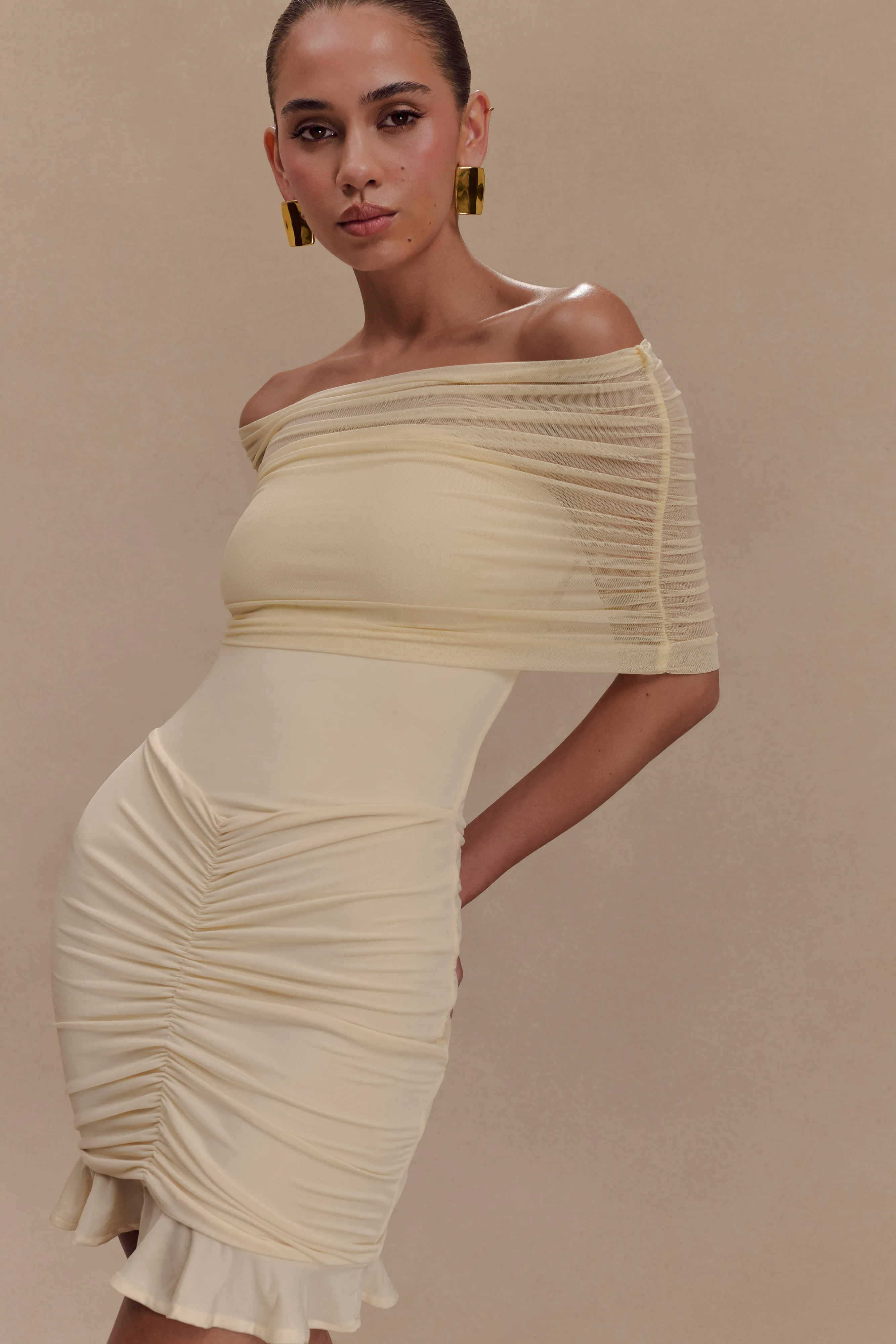 Perfect Length Casual event dress Caspian Slinky And Mesh Off Shoulder Mini Dress - Ivory