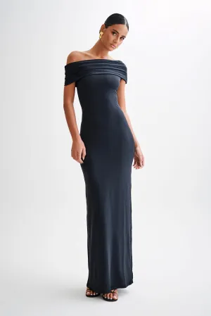 Refined Style Simple Yet Elegant Cassandra Off Shoulder Slinky Maxi Dress - Black